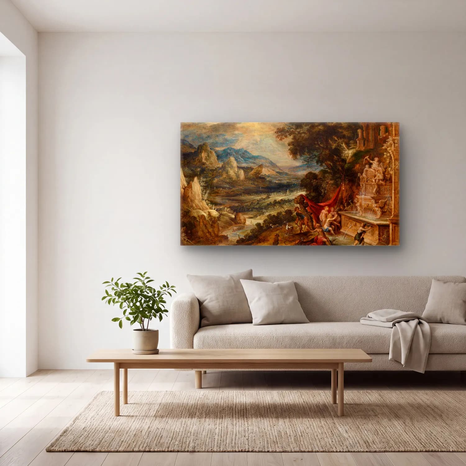 Kerstiaen de Keuninck – Landscape with Diana and Actaeon cam tablo — açık renk salonda