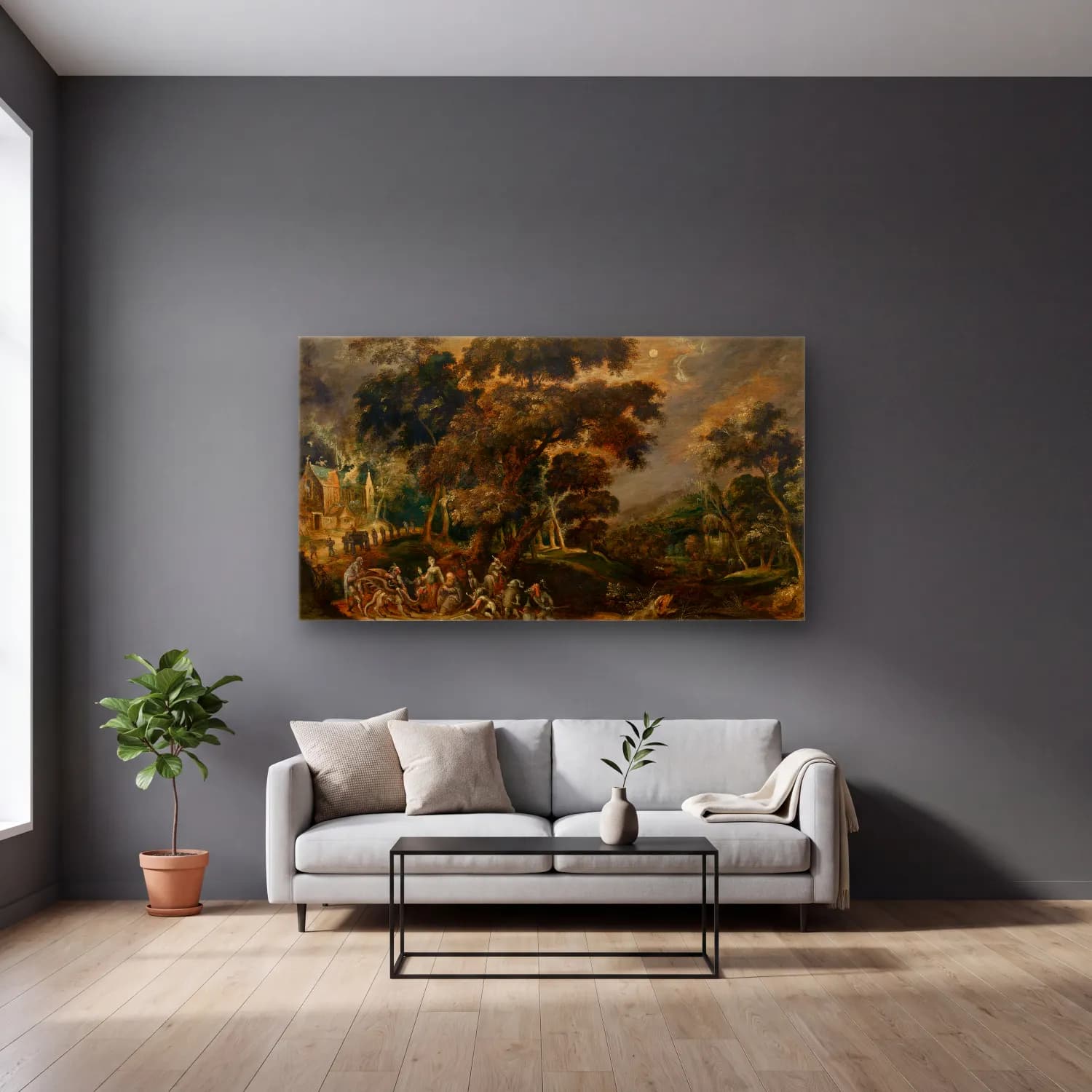 Kerstiaen de Keuninck – Landscape with the Temptation of Saint Anthony the Great cam tablo — gri duvarlı salonda