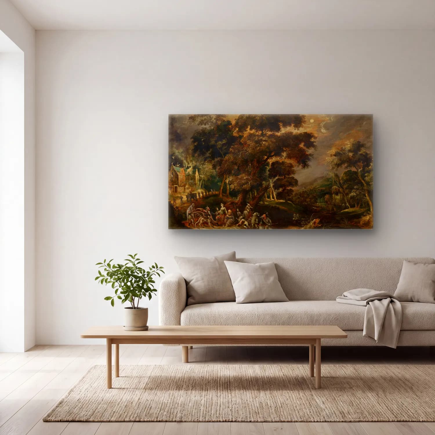 Kerstiaen de Keuninck – Landscape with the Temptation of Saint Anthony the Great cam tablo — açık renk salonda