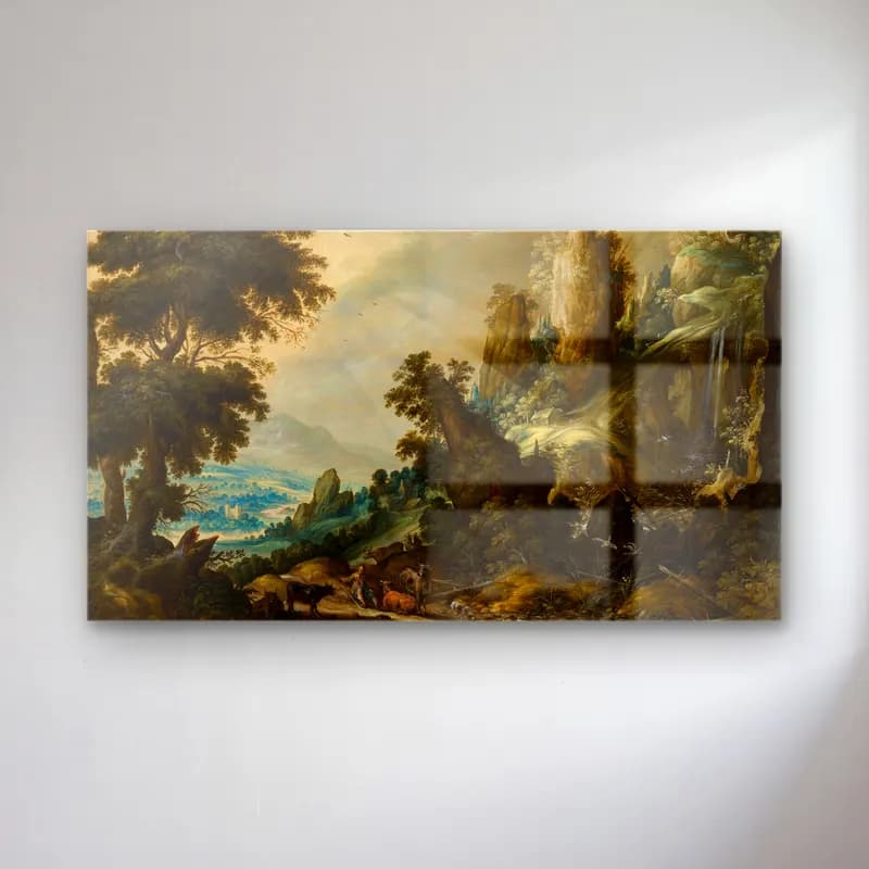 Kerstiaen de Keuninck – Mountain Landscape with Waterfall (circa 1600) cam tablo — Kerstiaen de Keuninck – Mountain Landscape with Waterfall (circa 1600) — yağlı boya dağ manzarası