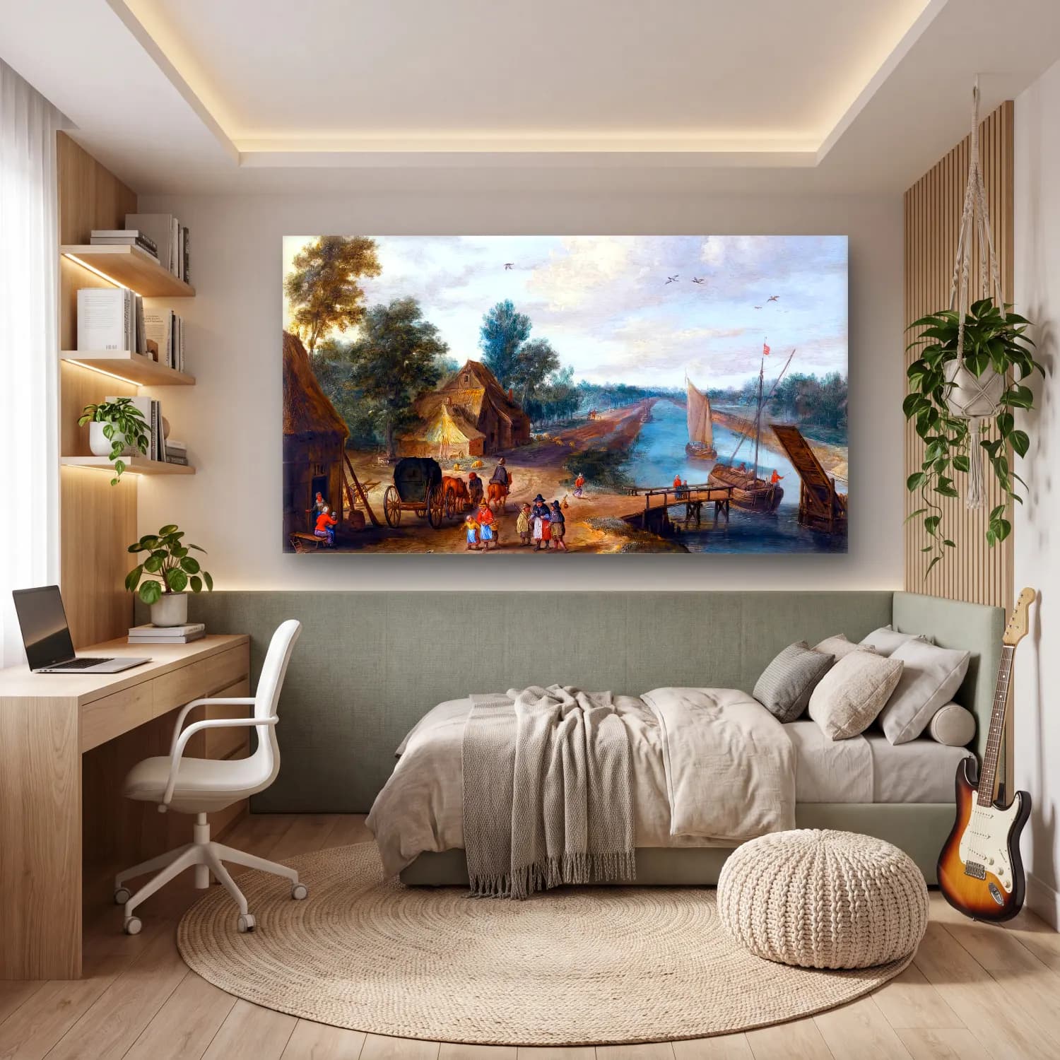 Yağlı Boya Kırda Nehir – Pastel Tonlar cam tablo — genç odasında