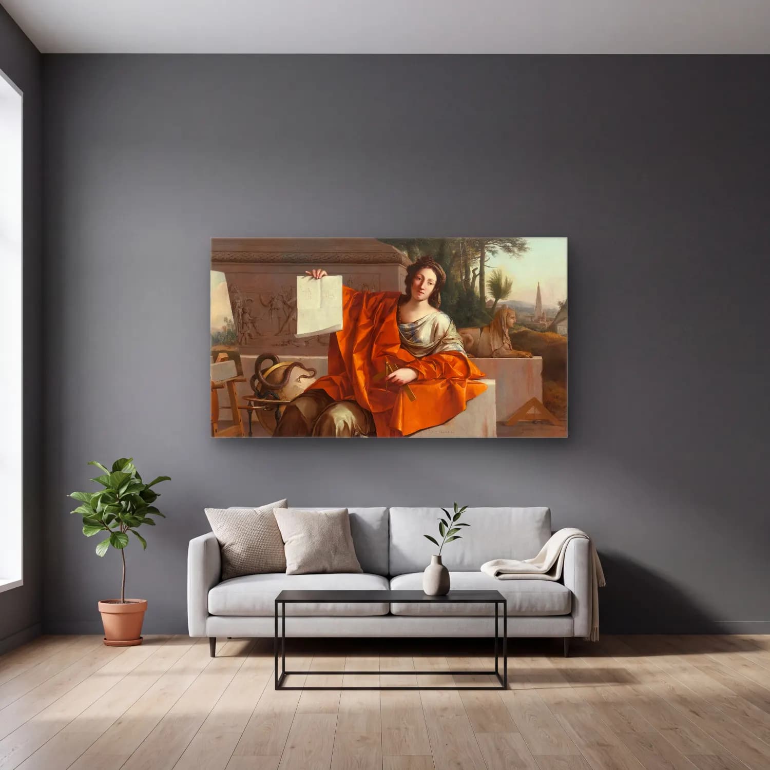 Laurent de la Hyre – Laurent de la Hyre - Allegory Of Geometry cam tablo — gri duvarlı salonda
