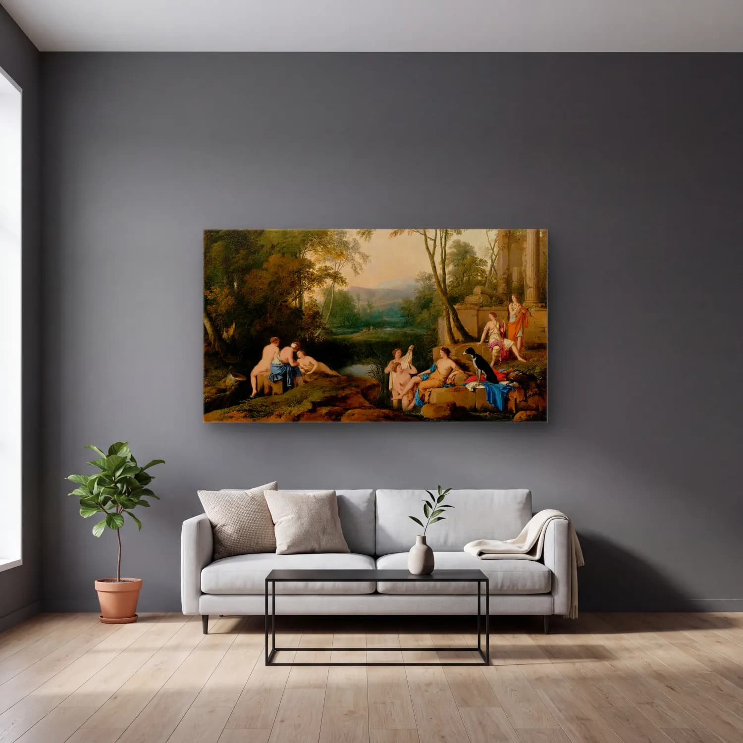 Laurent de la Hyre – Laurent de la Hyre - Diana and Her Nymphs in a Landscape cam tablo — gri duvarlı salonda
