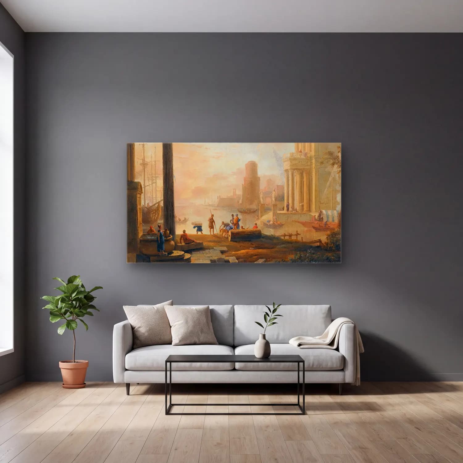 Marco Ricci – A Capriccio Of A Classical Seaport City At Sunset cam tablo — gri duvarlı salonda