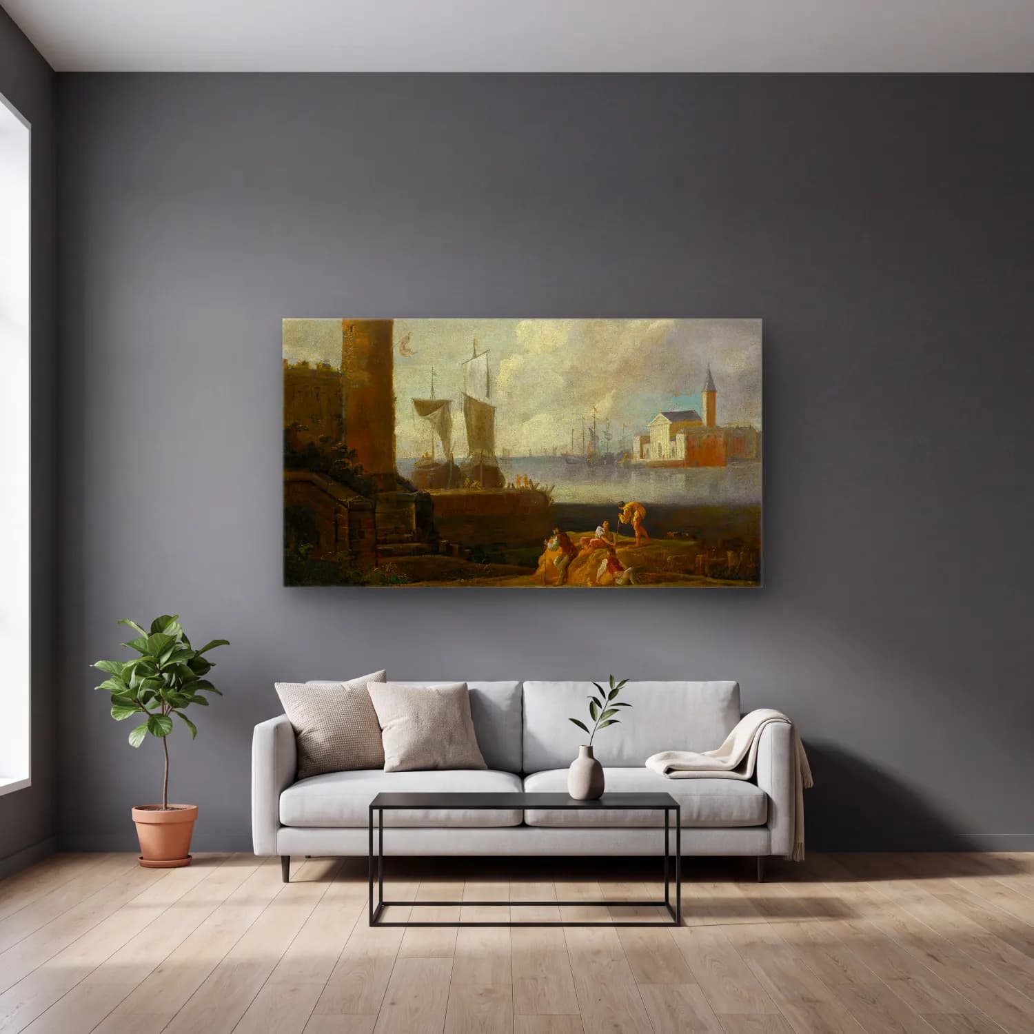 Marco Ricci – A Capriccio View Of San Giorgio Maggiore, Venice cam tablo — gri duvarlı salonda