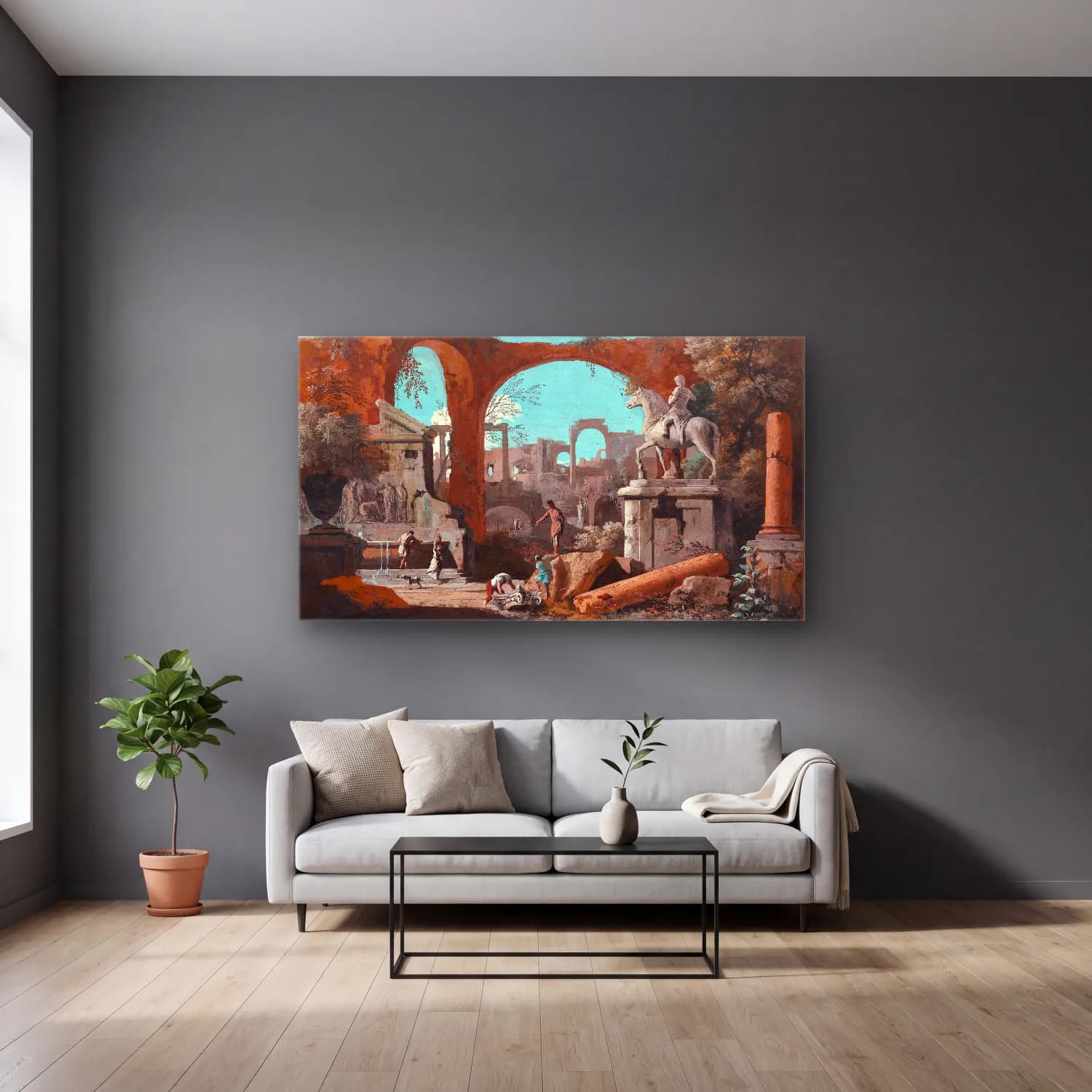 Marco Ricci – A Capriccio of Roman Ruins cam tablo — gri duvarlı salonda