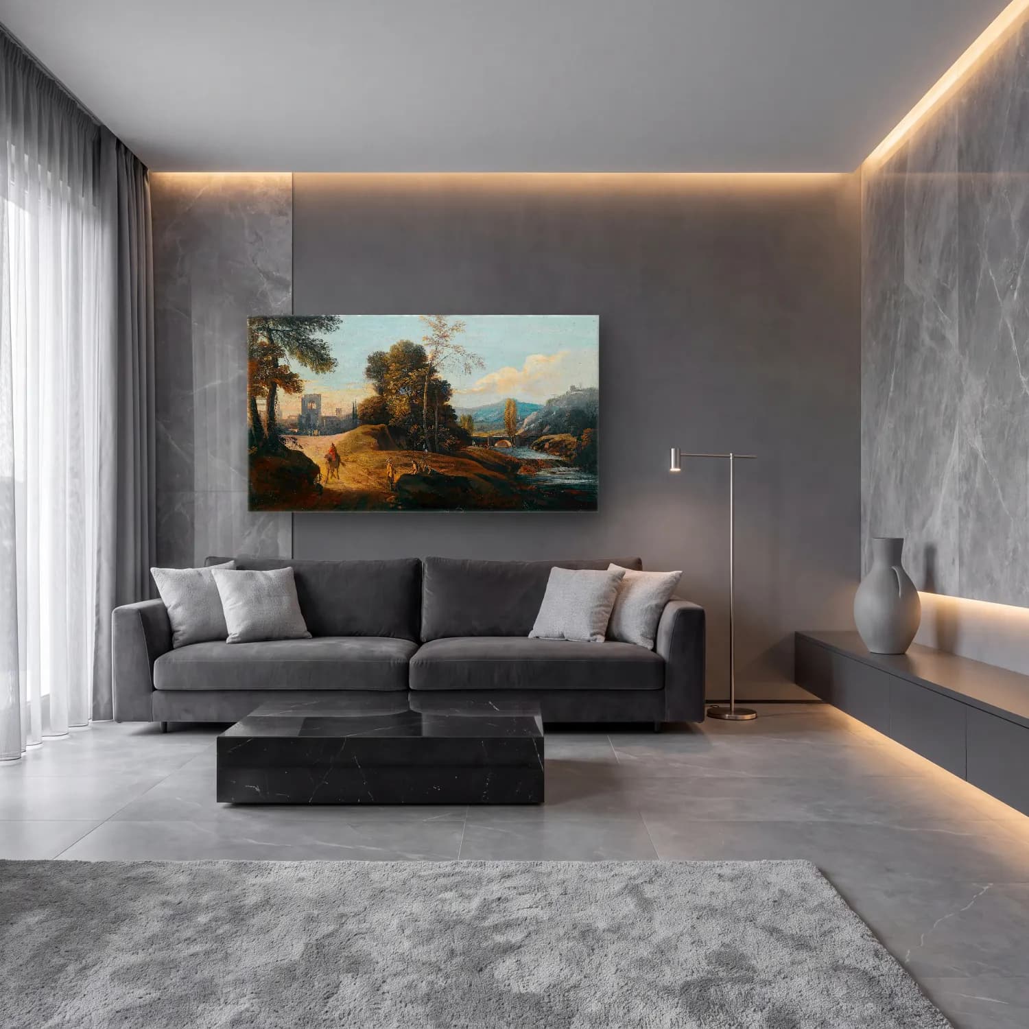 Marco Ricci – A Fluvial Landscape With Figures On A Path, A Town Beyond cam tablo — lüks salon duvarında
