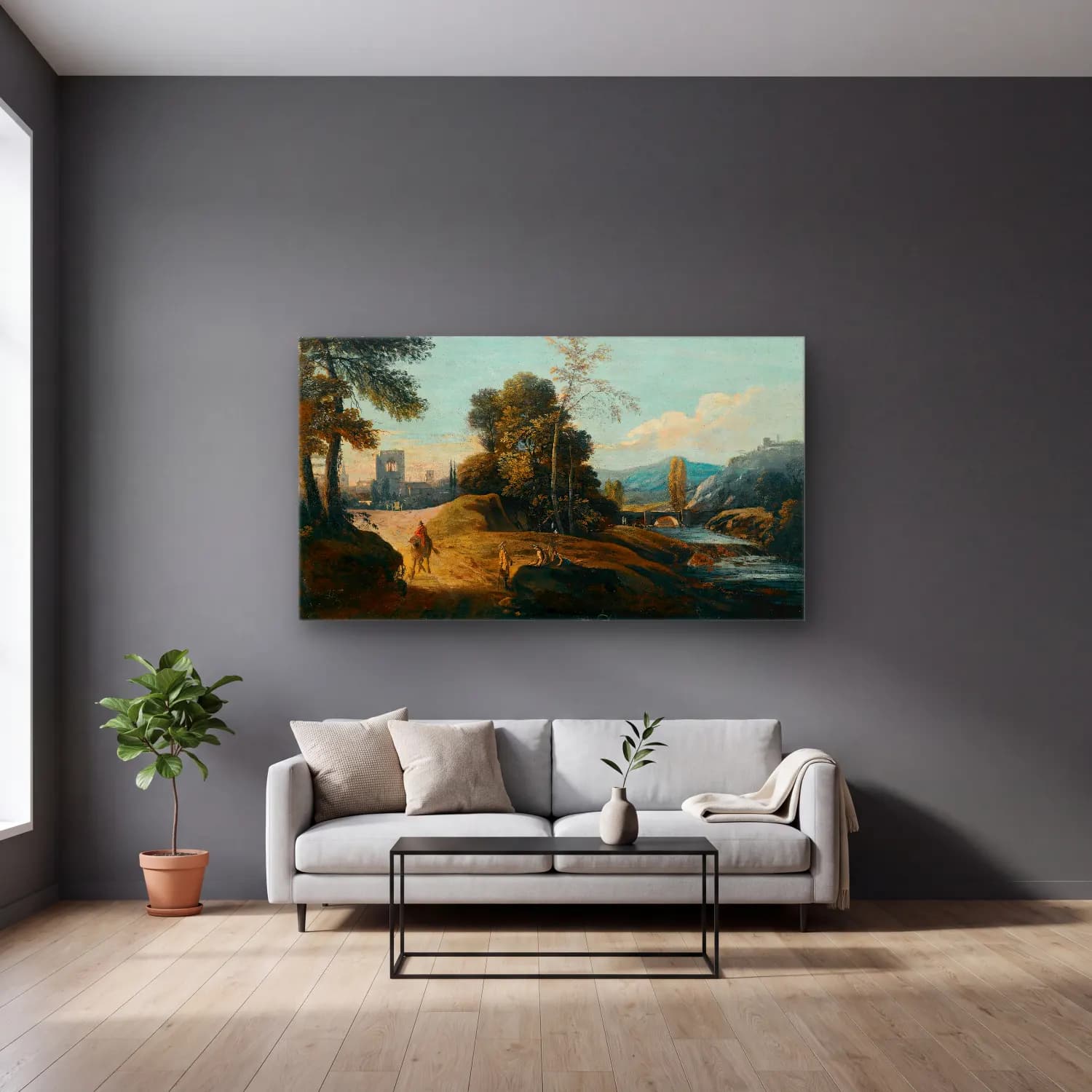 Marco Ricci – A Fluvial Landscape With Figures On A Path, A Town Beyond cam tablo — gri duvarlı salonda