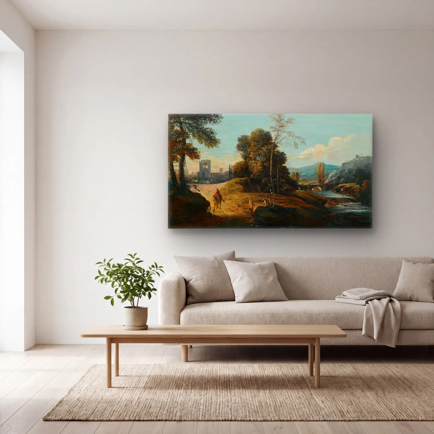 Marco Ricci – A Fluvial Landscape With Figures On A Path, A Town Beyond cam tablo — açık renk salonda