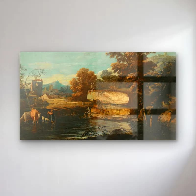Marco Ricci – A Lacustrine Landscape With A Herder And His Animals… cam tablo — Marco Ricci – A Lacustrine Landscape With A Herder And His Animals… — yağlı boya kırda nehir