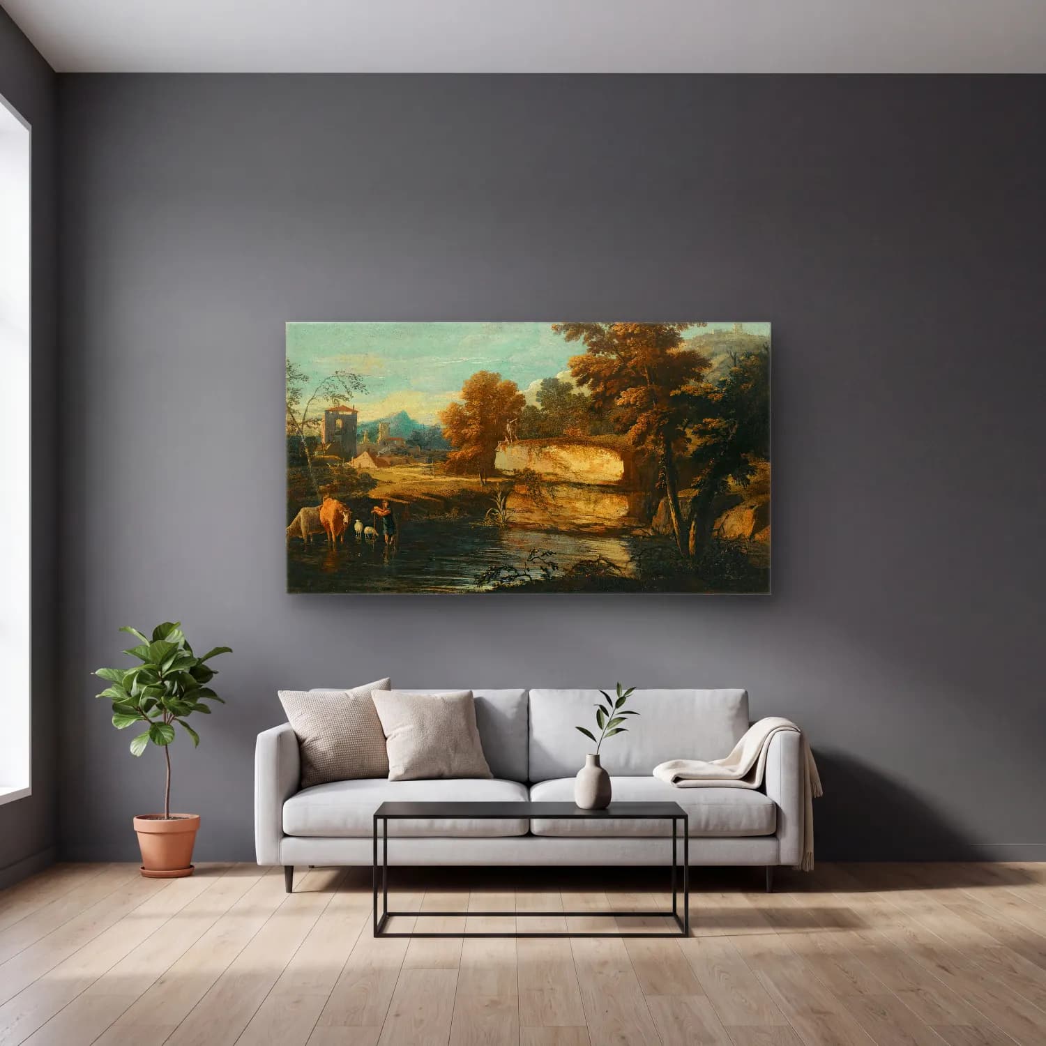 Marco Ricci – A Lacustrine Landscape With A Herder And His Animals… cam tablo — gri duvarlı salonda