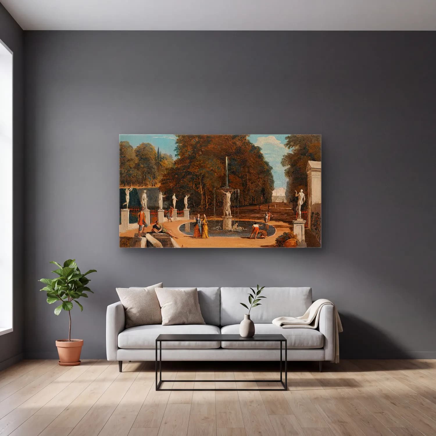 Marco Ricci – A Landscape With Figures Conversing In A Park Beside A… cam tablo — gri duvarlı salonda
