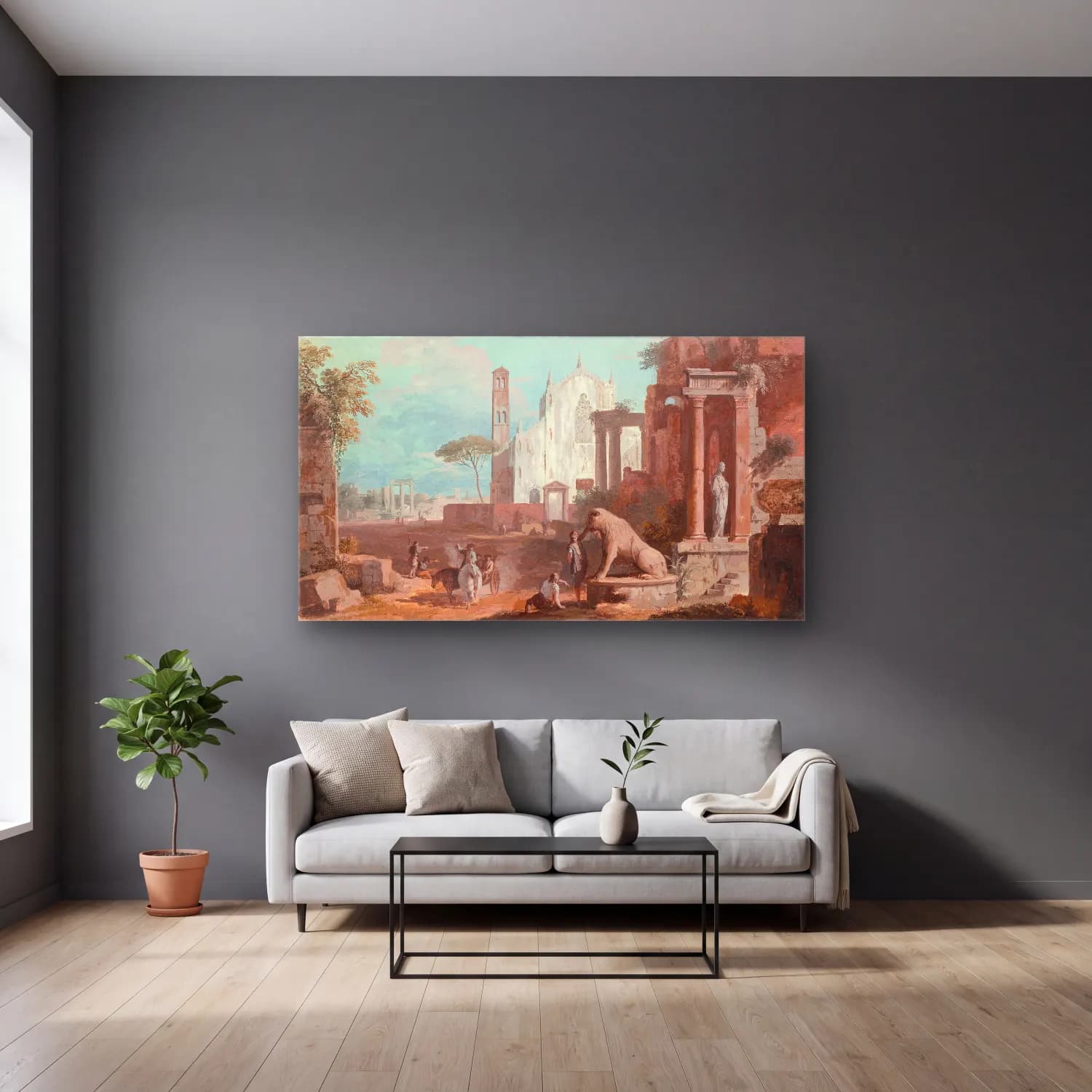 Marco Ricci – A capriccio with a Gothic church and antique ruins cam tablo — gri duvarlı salonda