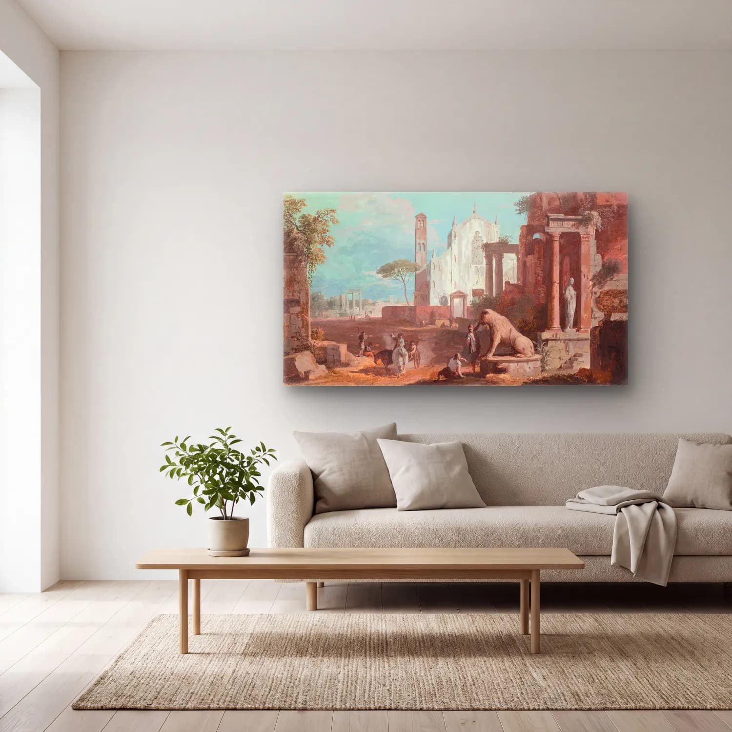 Marco Ricci – A capriccio with a Gothic church and antique ruins cam tablo — açık renk salonda