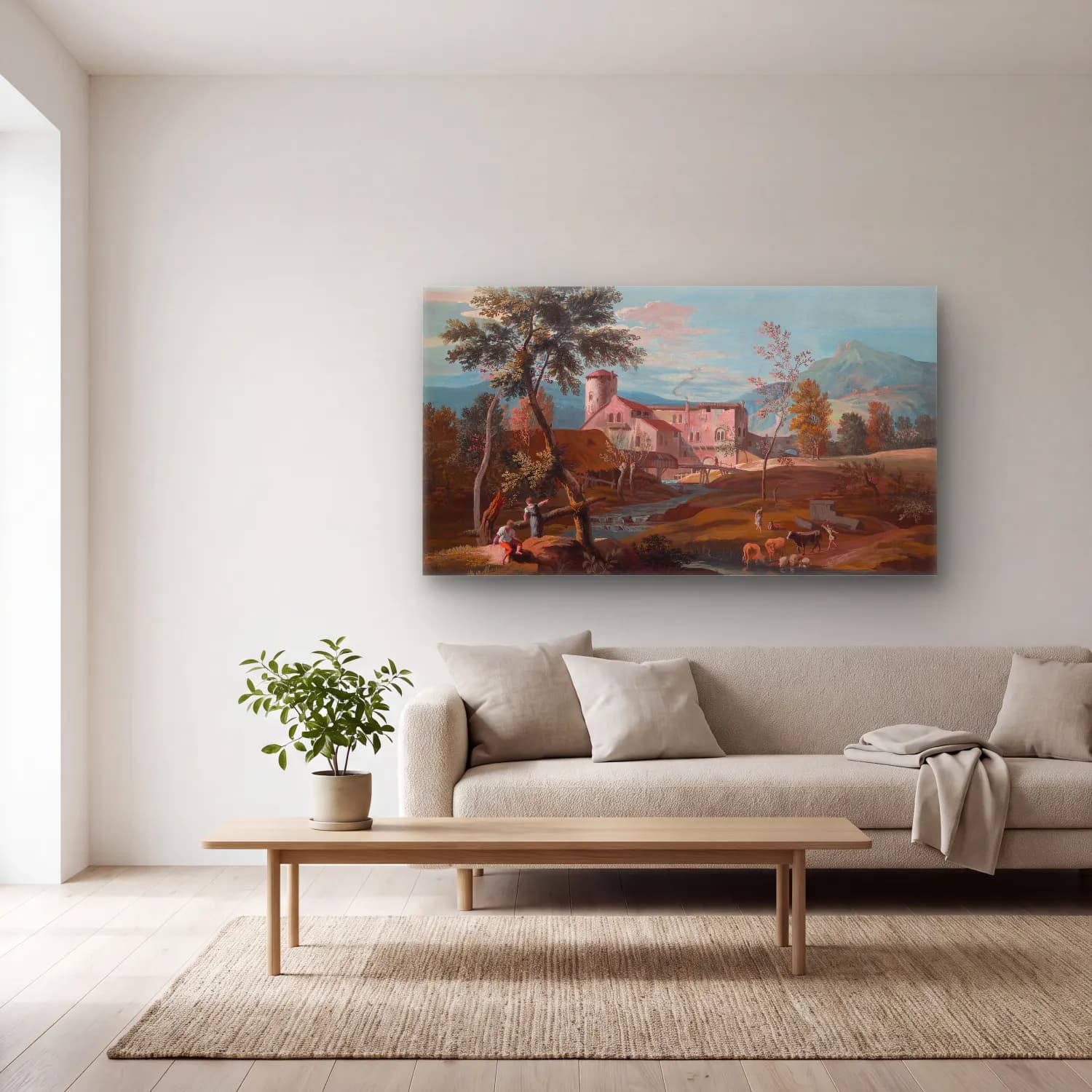 Marco Ricci – A man and a woman by a stream with a farmhouse in the… cam tablo — açık renk salonda