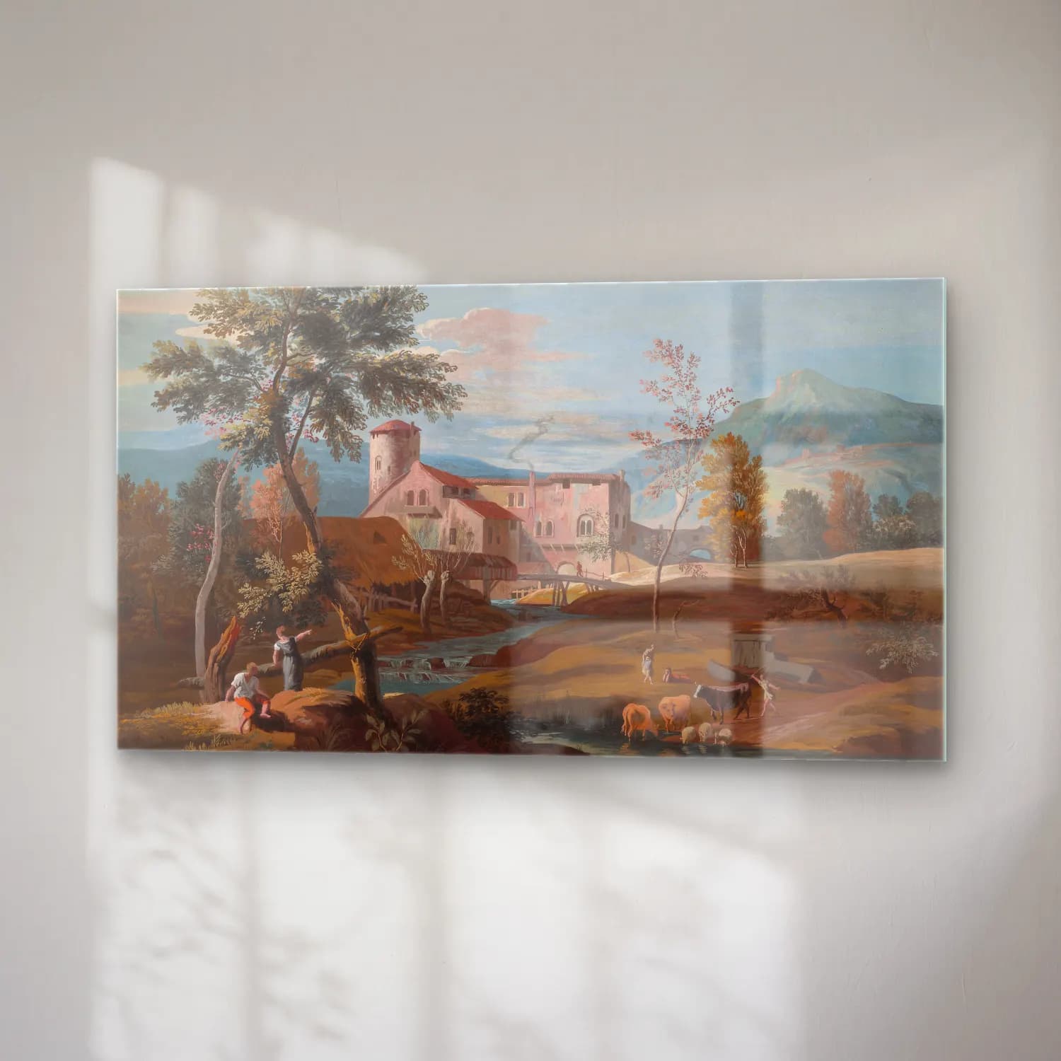 Marco Ricci – A man and a woman by a stream with a farmhouse in the… cam tablo — sağ açıdan görünüm