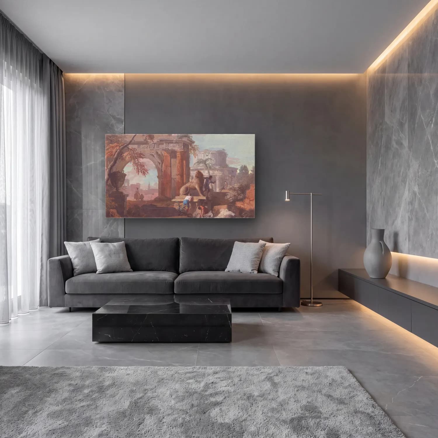 Marco Ricci – Capriccio with Roman Ruins cam tablo — lüks salon duvarında