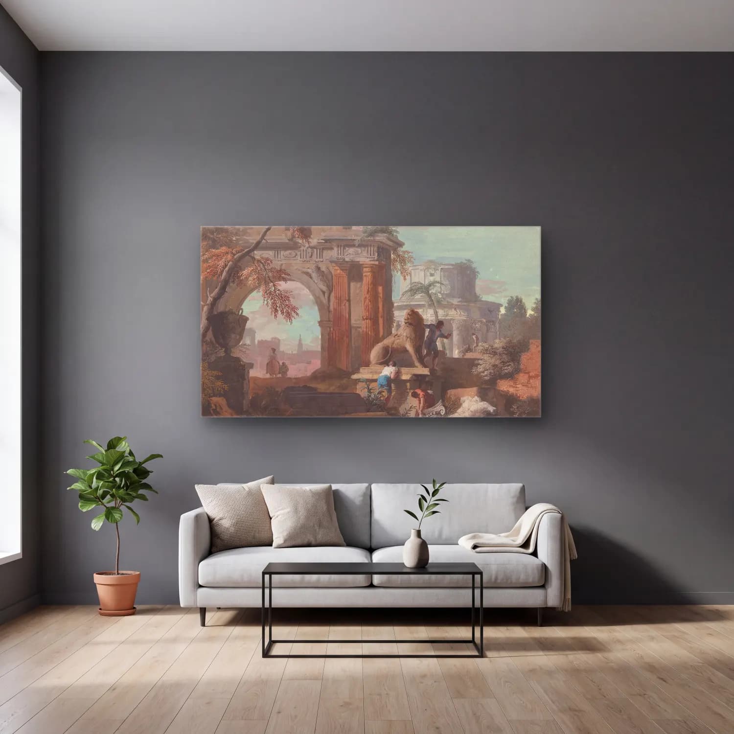 Marco Ricci – Capriccio with Roman Ruins cam tablo — gri duvarlı salonda