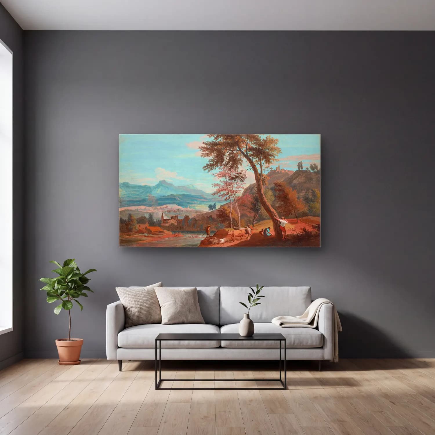 Marco Ricci – Farmers and cattle by a river cam tablo — gri duvarlı salonda