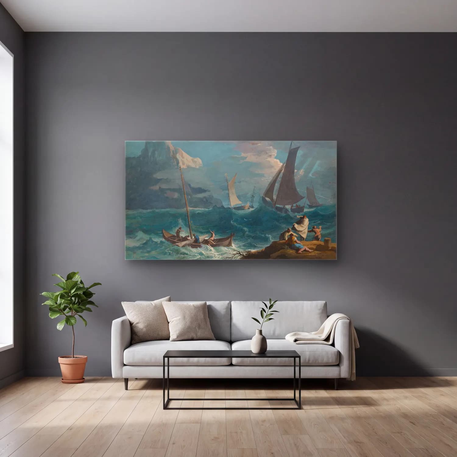 Marco Ricci – Fishing Boats in a Storm (about 1715) cam tablo — gri duvarlı salonda