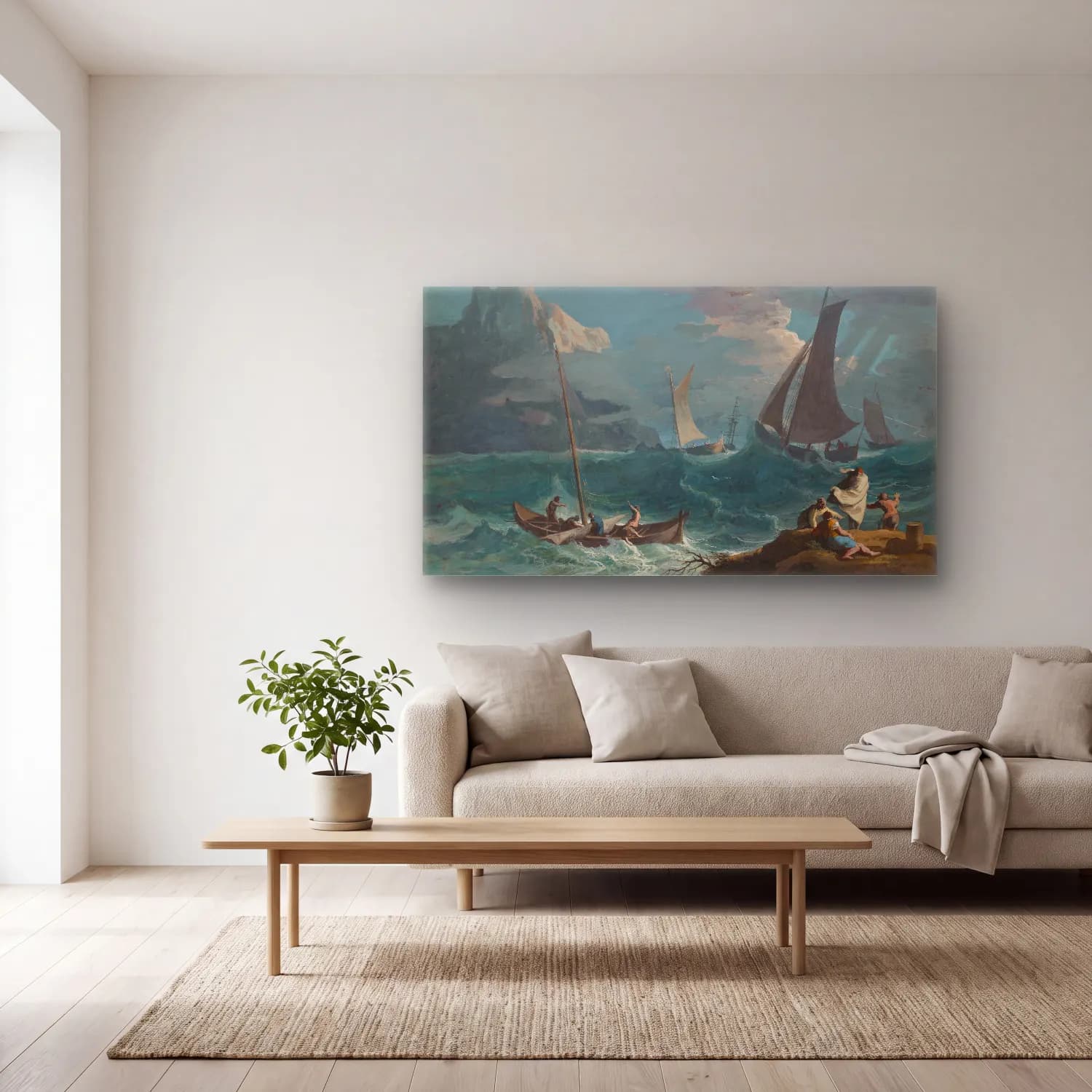 Marco Ricci – Fishing Boats in a Storm (about 1715) cam tablo — açık renk salonda