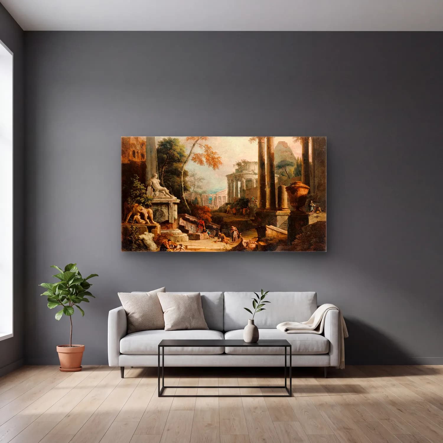 Marco Ricci – Landscape with Classical Ruins and Figures cam tablo — gri duvarlı salonda