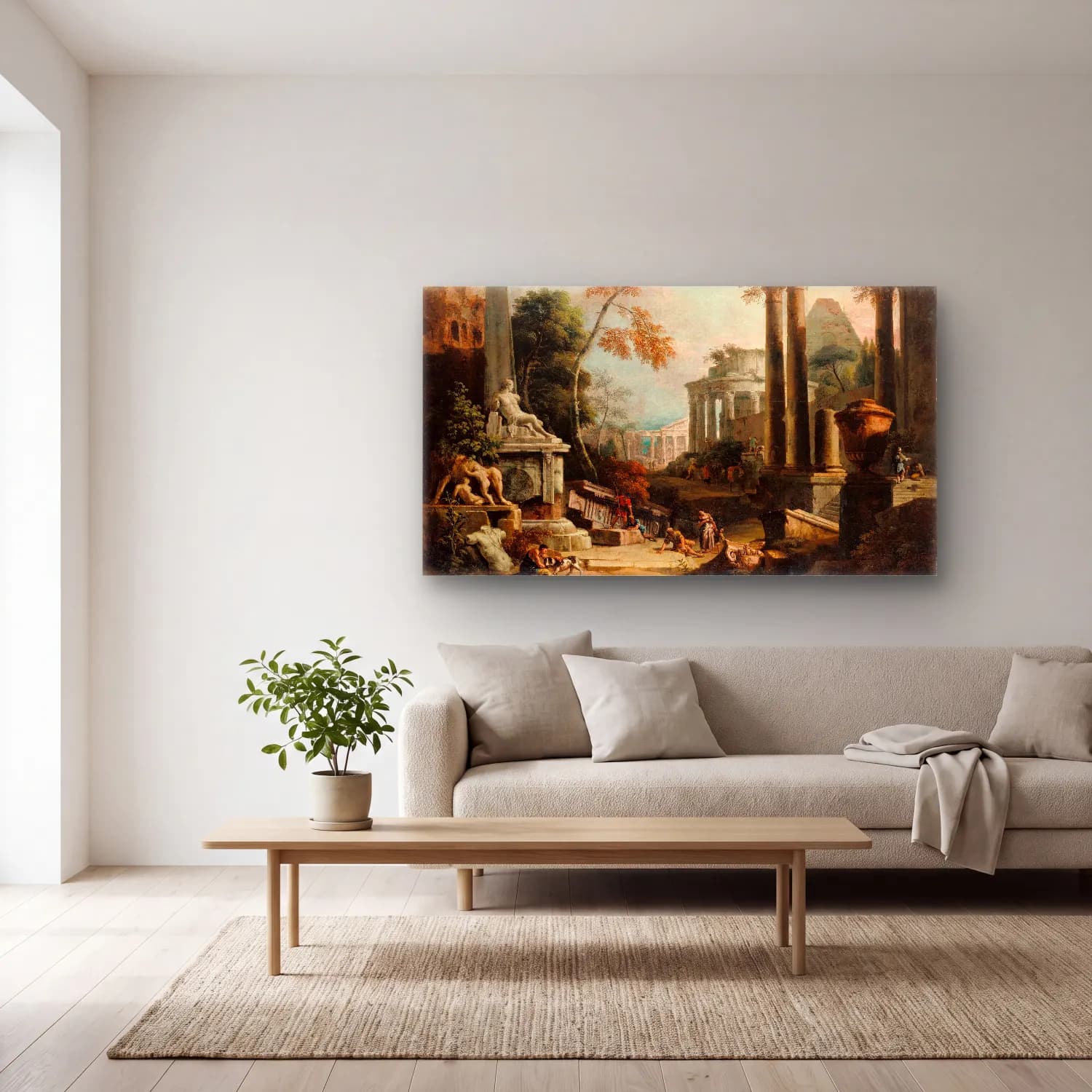 Marco Ricci – Landscape with Classical Ruins and Figures cam tablo — açık renk salonda