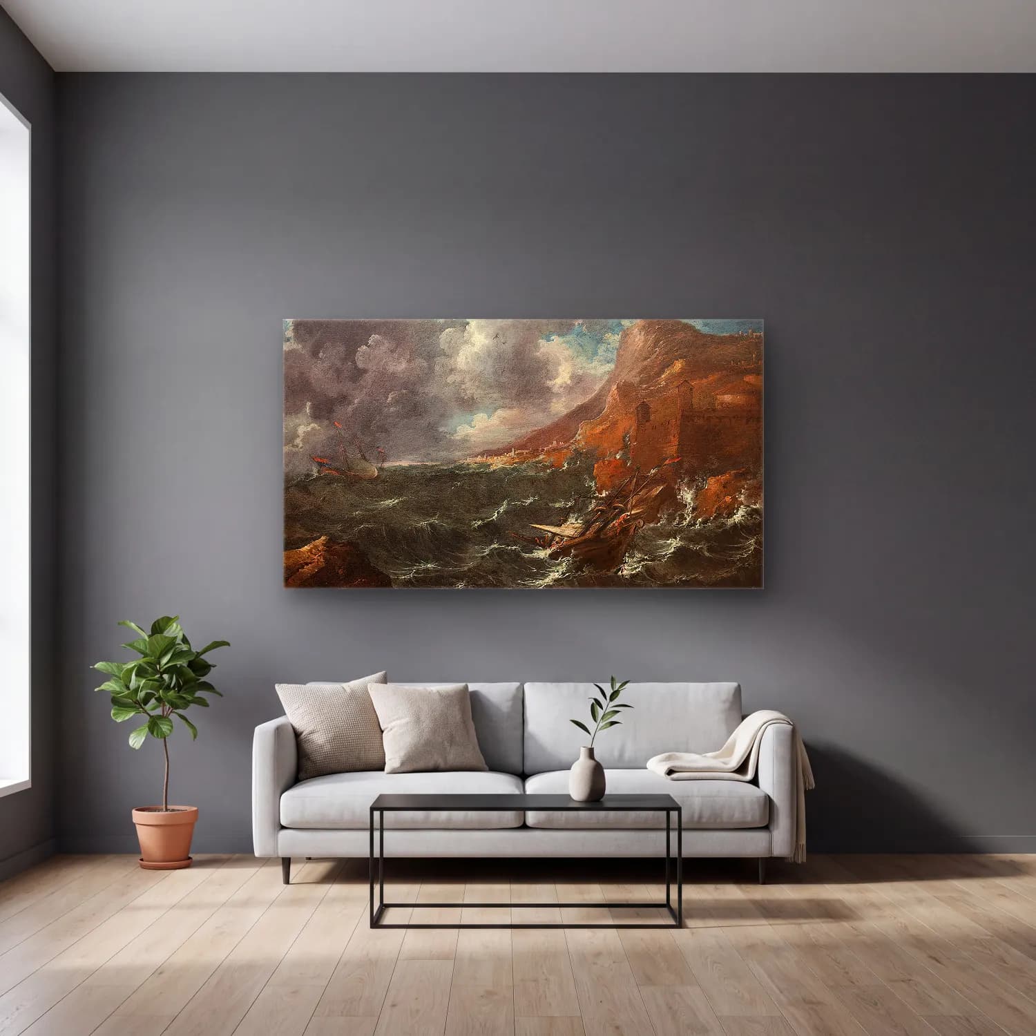 Marco Ricci – Ships in a Gale cam tablo — gri duvarlı salonda
