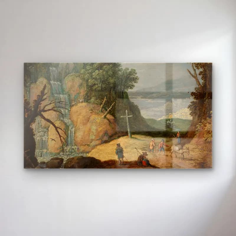 Marten Ryckaert – A Rocky Landscape With A Waterfall And Travellers On A Path cam tablo — Marten Ryckaert – A Rocky Landscape With A Waterfall And Travellers On A Path — yağlı boya dini sahne