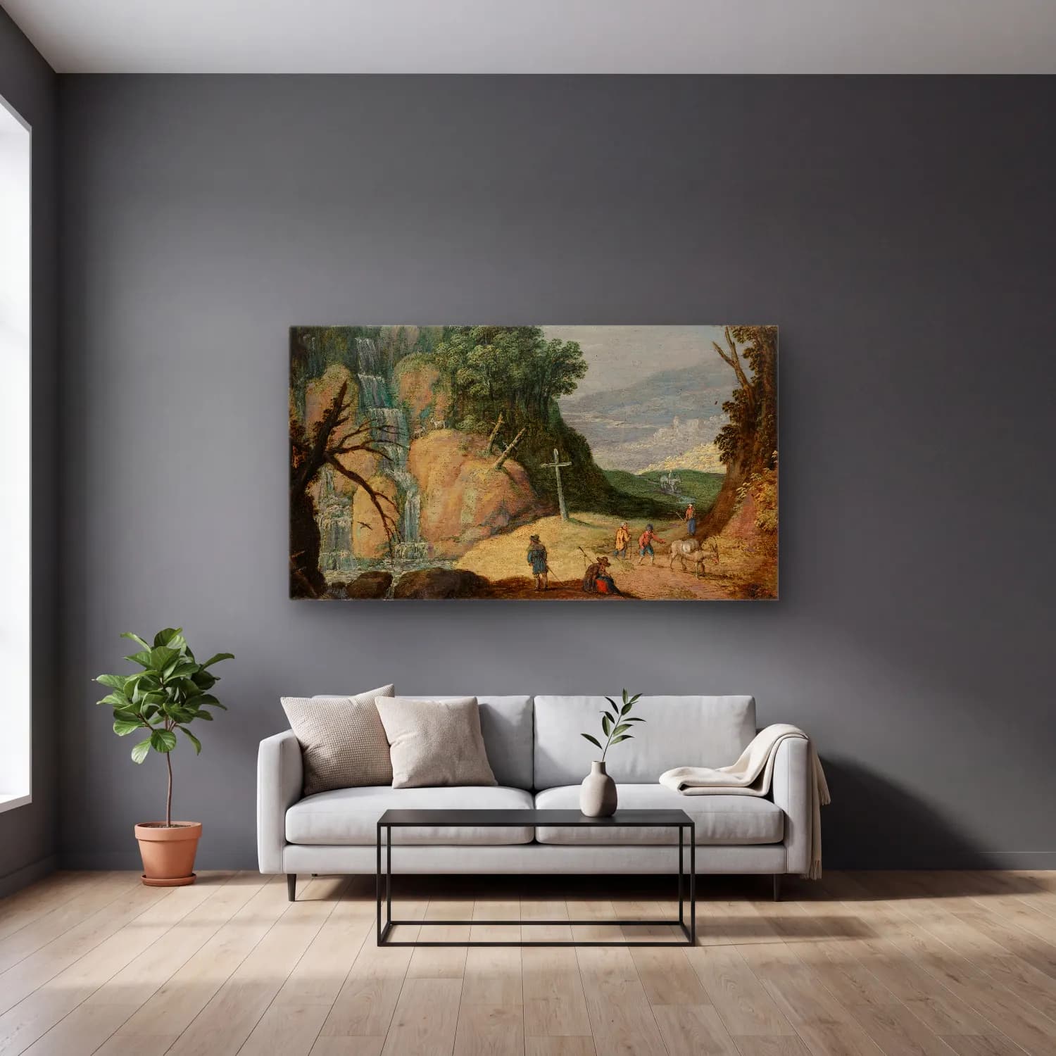 Marten Ryckaert – A Rocky Landscape With A Waterfall And Travellers On A Path cam tablo — gri duvarlı salonda