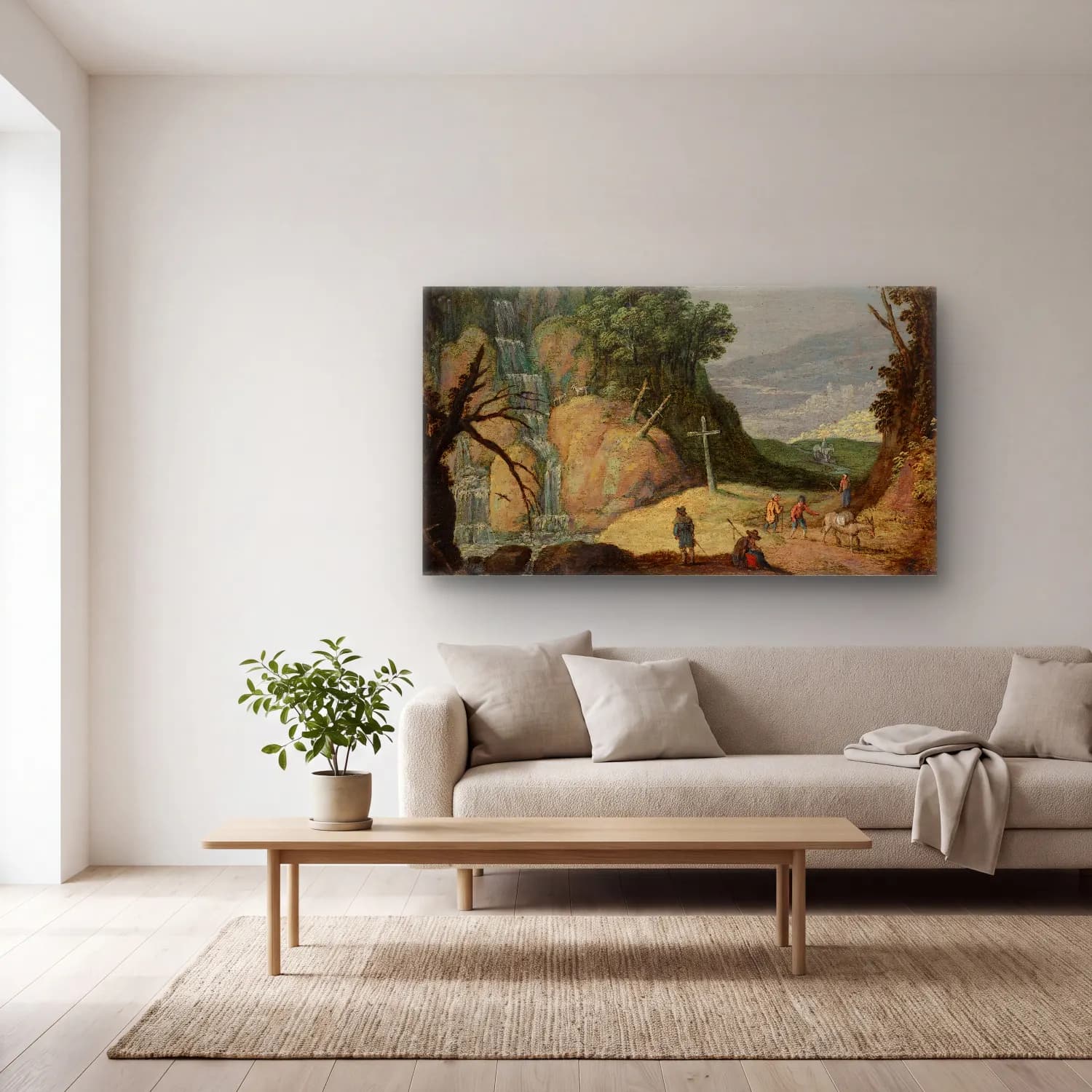 Marten Ryckaert – A Rocky Landscape With A Waterfall And Travellers On A Path cam tablo — açık renk salonda