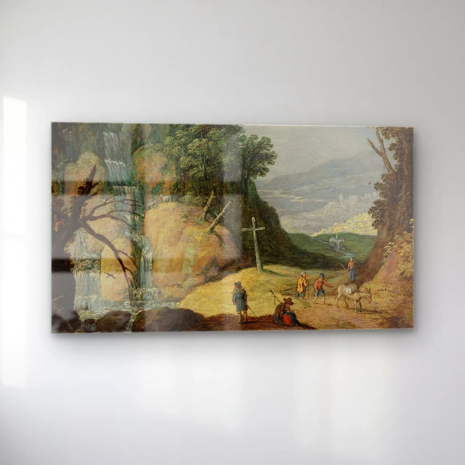 Marten Ryckaert – A Rocky Landscape With A Waterfall And Travellers On A Path cam tablo — sol açıdan görünüm