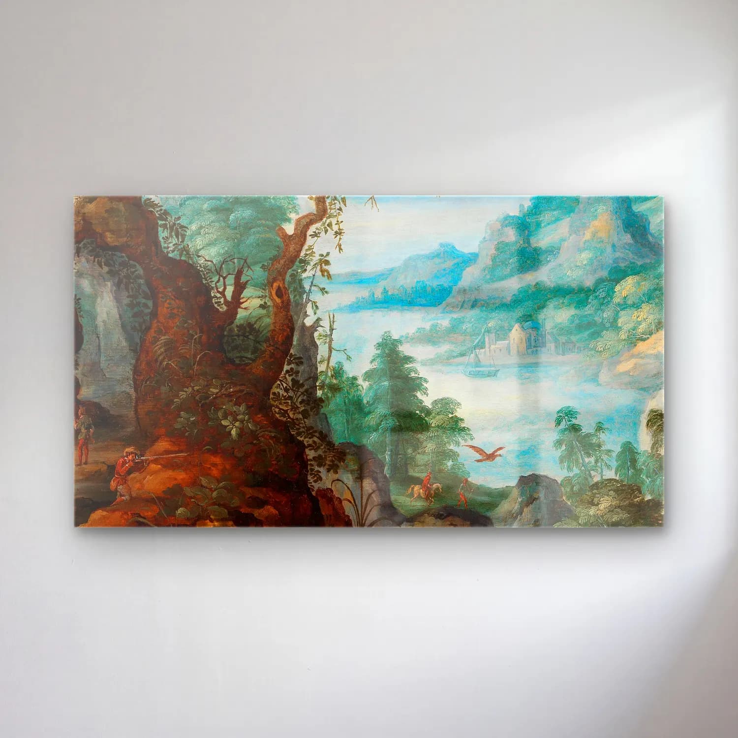 Marten Ryckaert – A mountainous landscape with huntsmen cam tablo — Marten Ryckaert – A mountainous landscape with huntsmen — yağlı boya mitolojik sahne