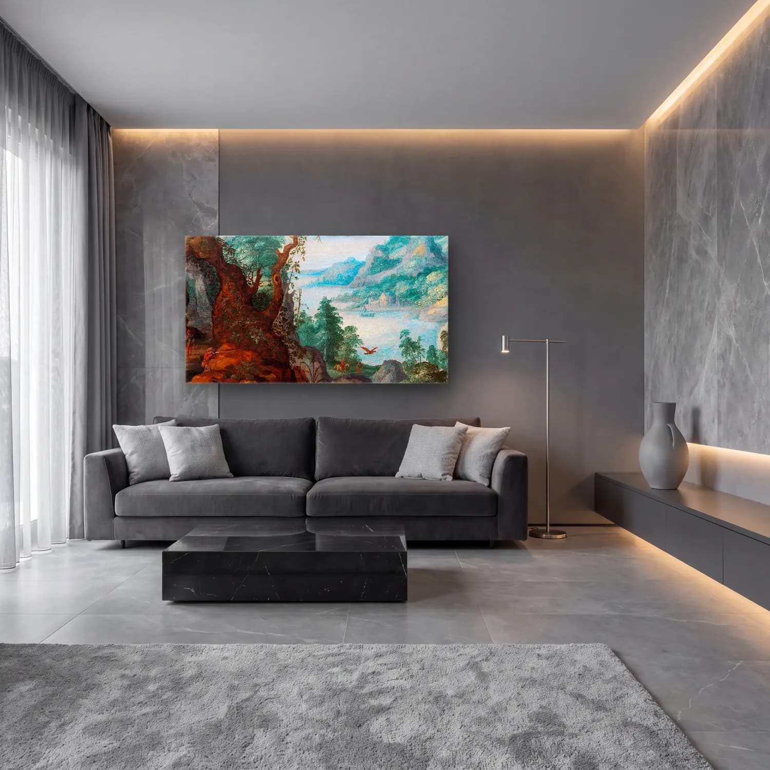 Marten Ryckaert – A mountainous landscape with huntsmen cam tablo — lüks salon duvarında