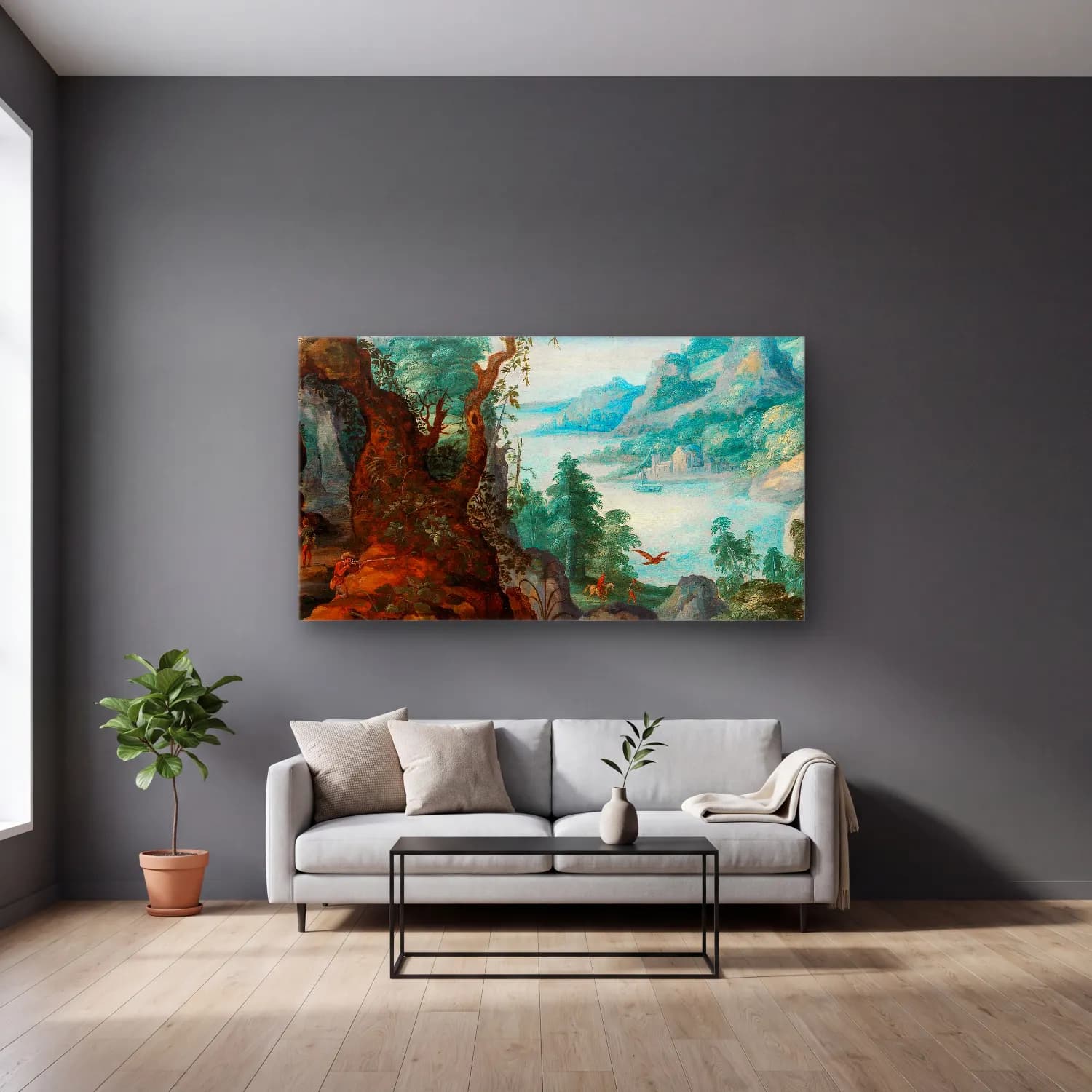 Marten Ryckaert – A mountainous landscape with huntsmen cam tablo — gri duvarlı salonda