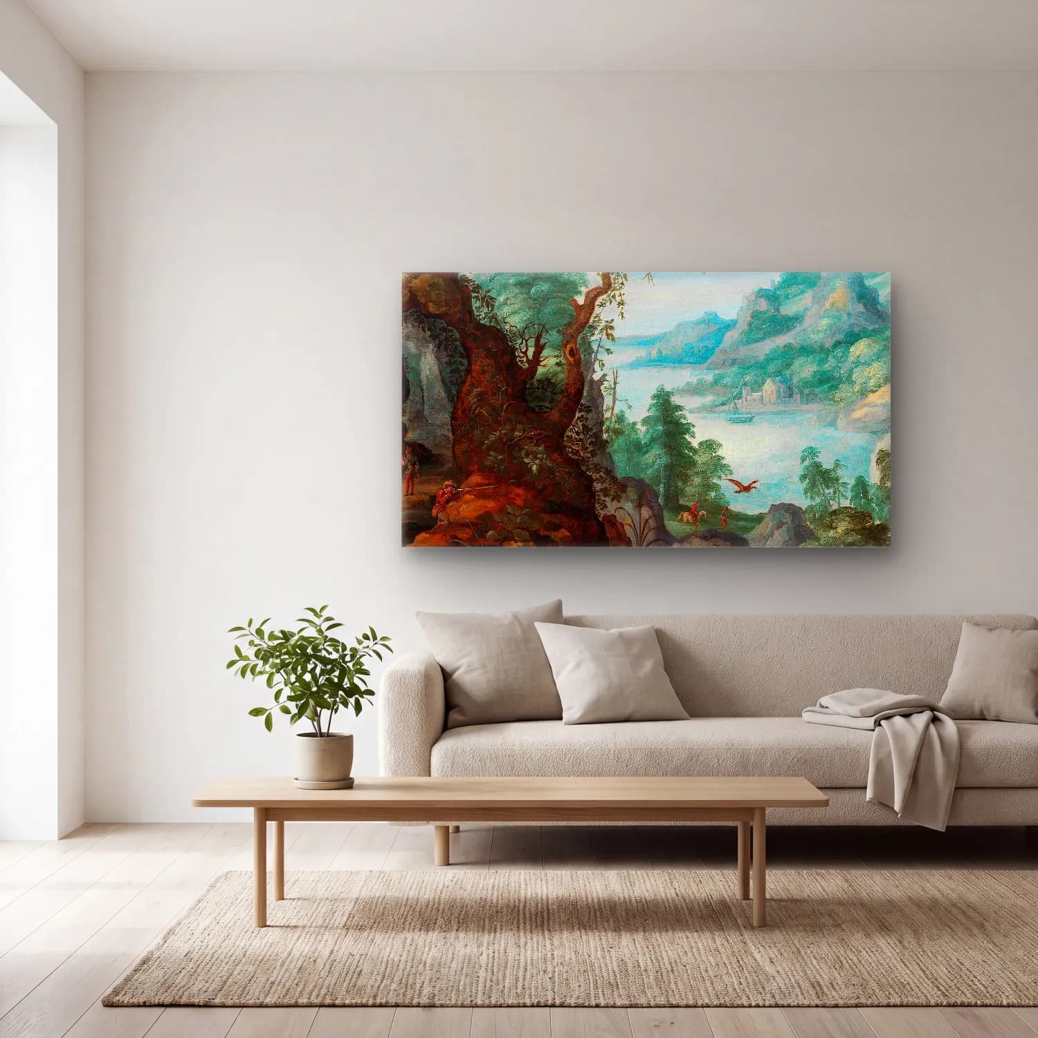 Marten Ryckaert – A mountainous landscape with huntsmen cam tablo — açık renk salonda
