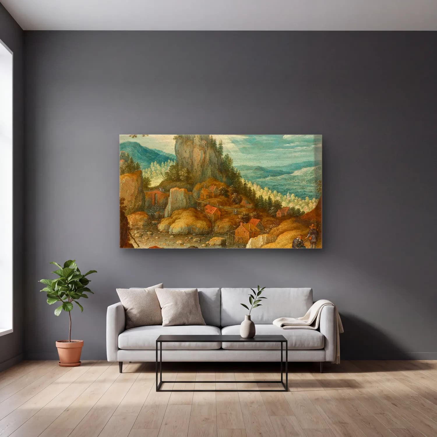 Marten Ryckaert – Landscape with a Fortress cam tablo — gri duvarlı salonda