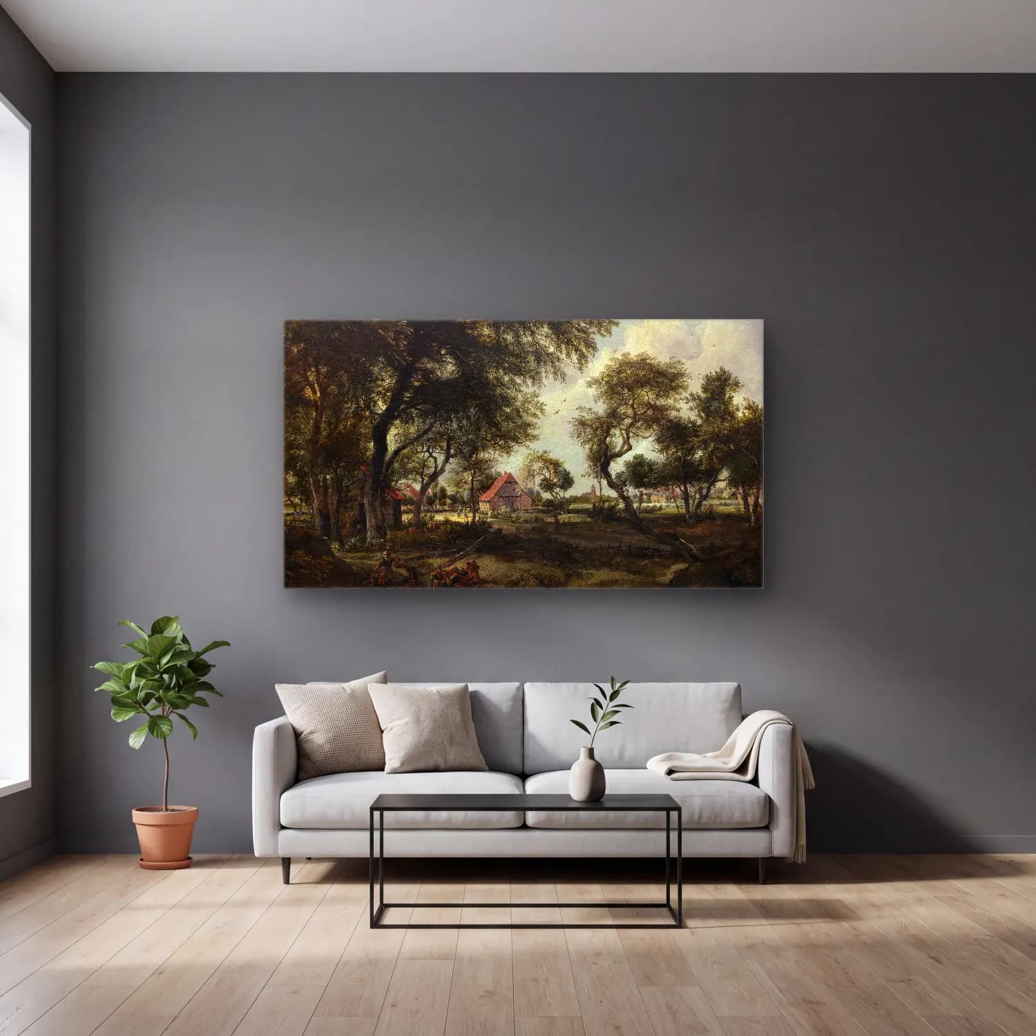 Meindert Hobbema – A Farm in the Sunlight cam tablo — gri duvarlı salonda