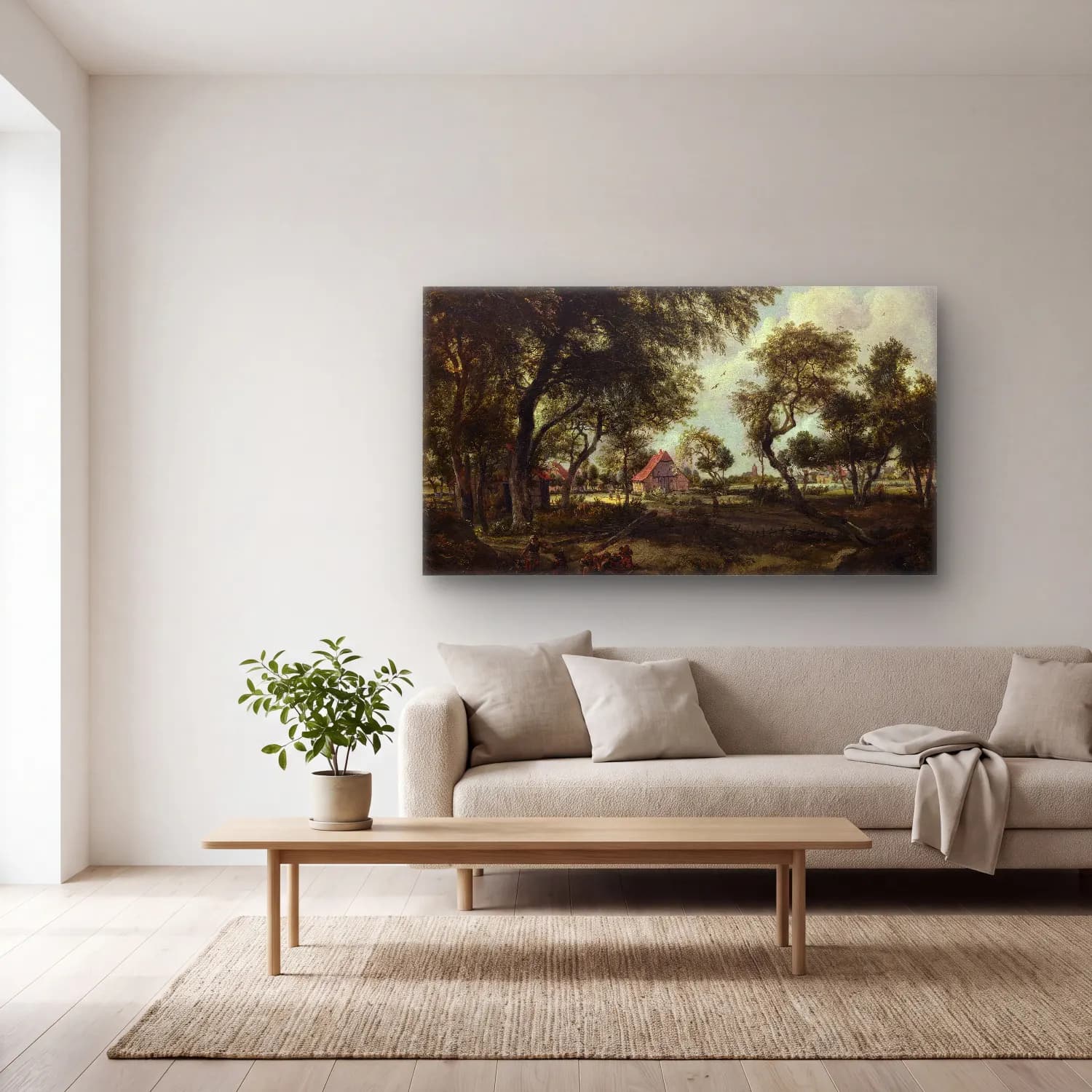 Meindert Hobbema – A Farm in the Sunlight cam tablo — açık renk salonda