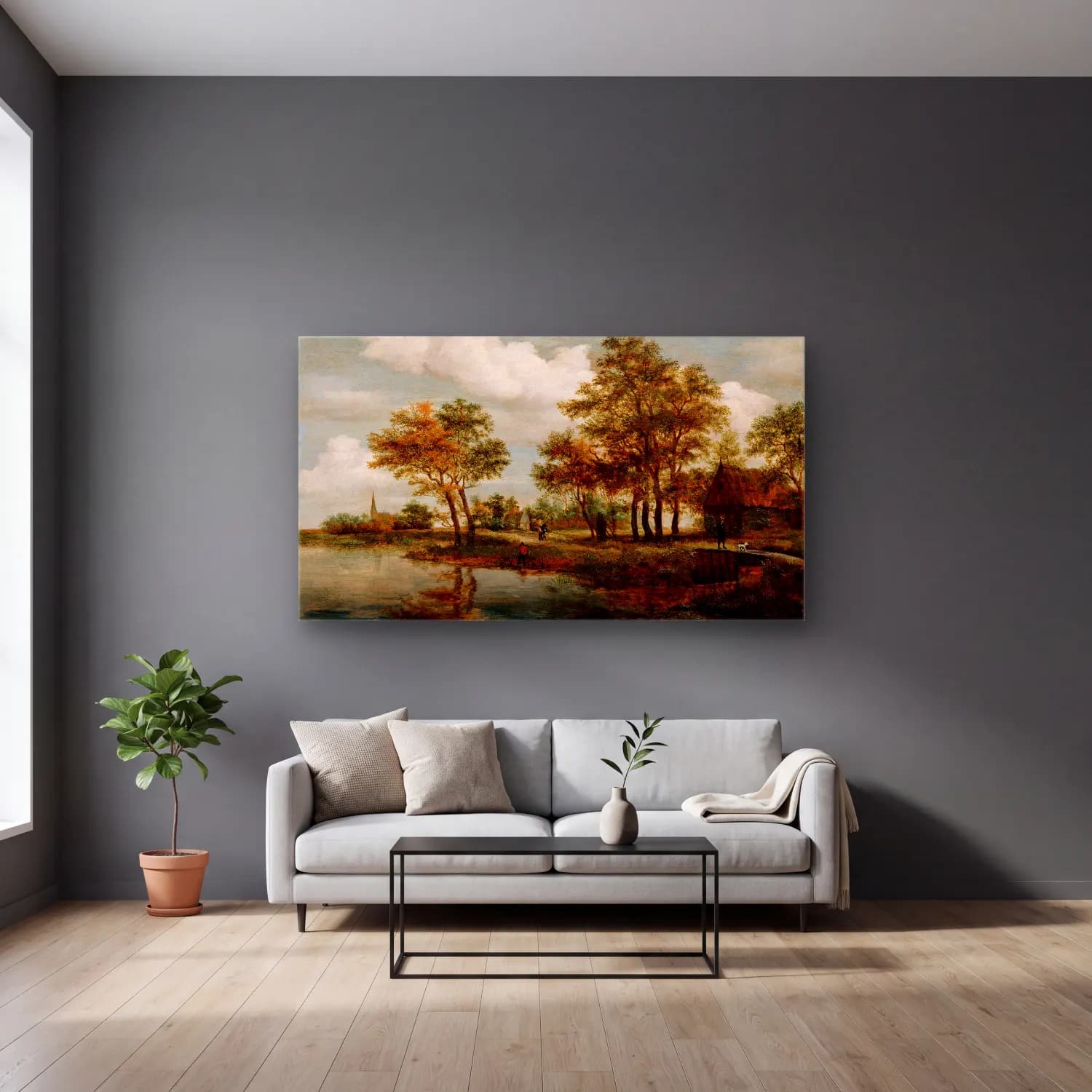 Meindert Hobbema – A River Scene cam tablo — gri duvarlı salonda