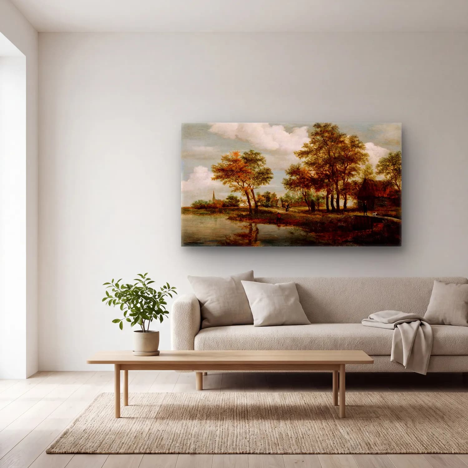 Meindert Hobbema – A River Scene cam tablo — açık renk salonda