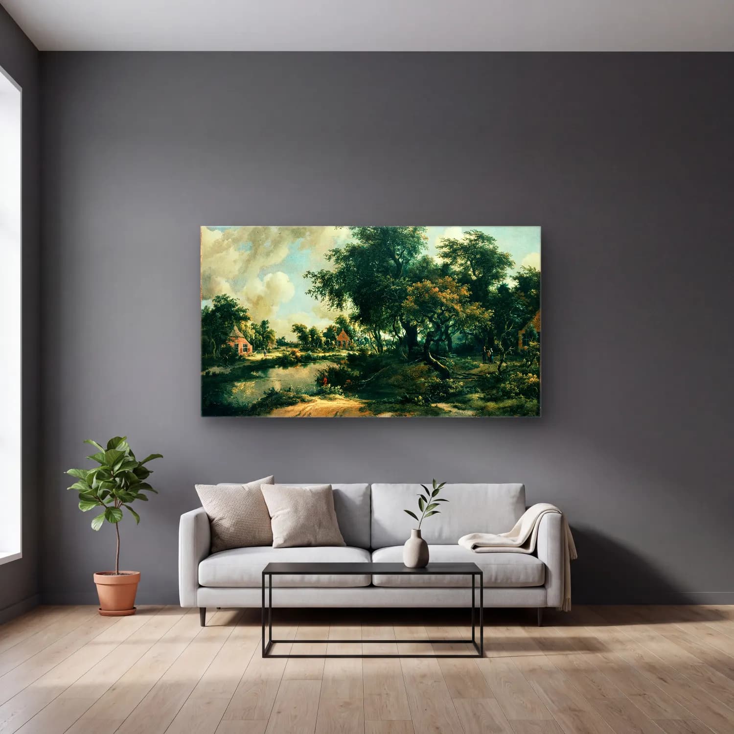 Meindert Hobbema – A Stormy Landscape cam tablo — gri duvarlı salonda
