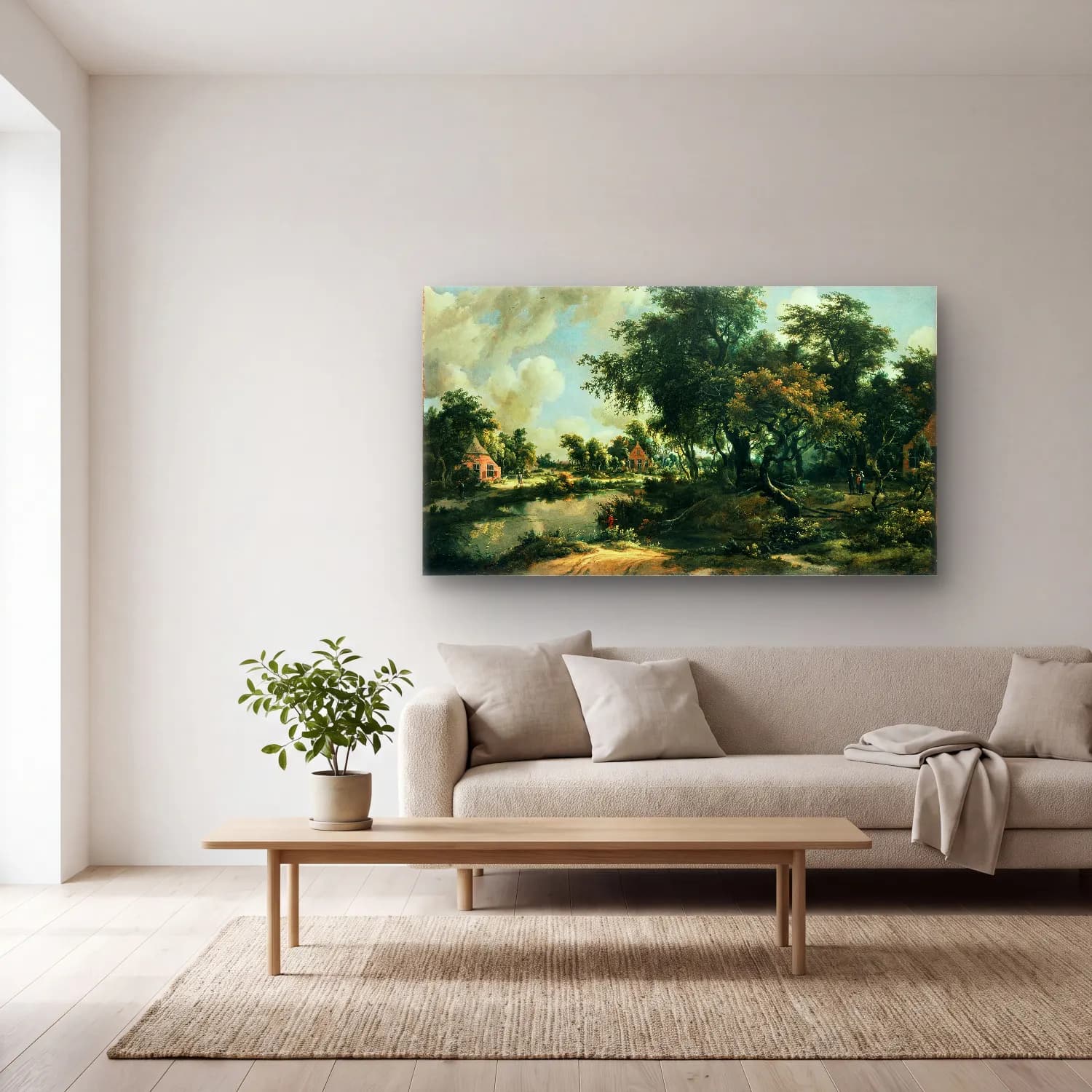 Meindert Hobbema – A Stormy Landscape cam tablo — açık renk salonda
