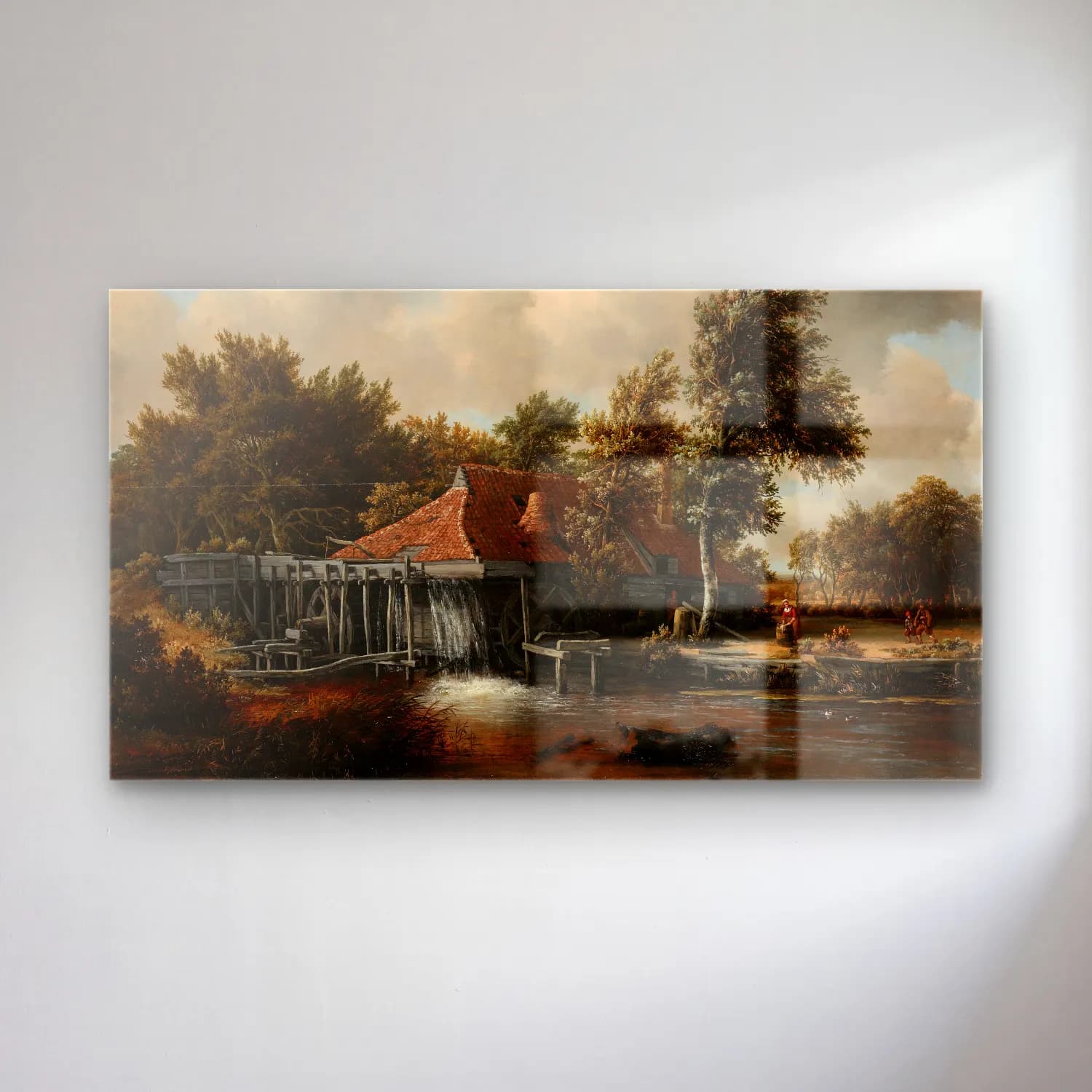 Meindert Hobbema – A Watermill – Bej Tonlar cam tablo — Meindert Hobbema – A Watermill – Bej Tonlar — yağlı boya kırda nehir