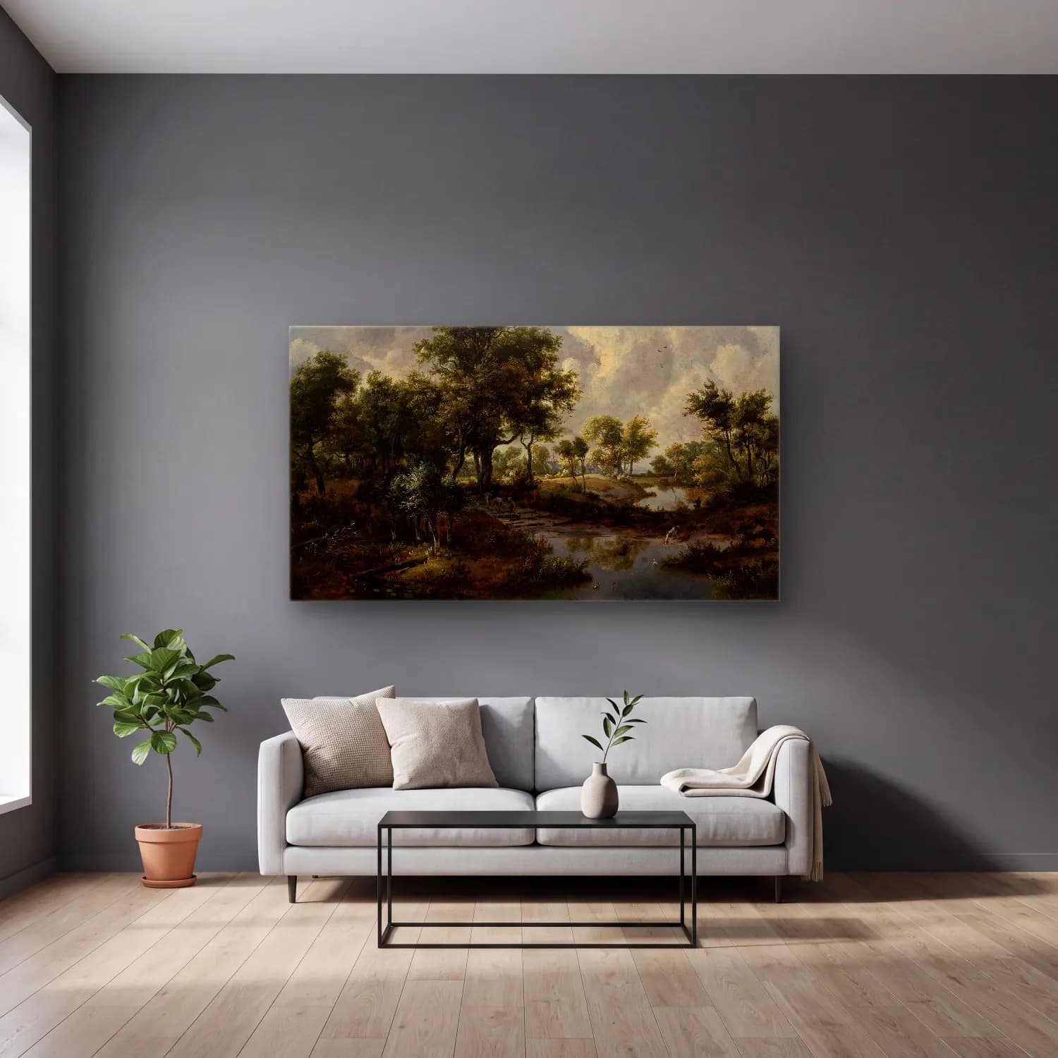 Meindert Hobbema – A Wooded Landscape cam tablo — gri duvarlı salonda