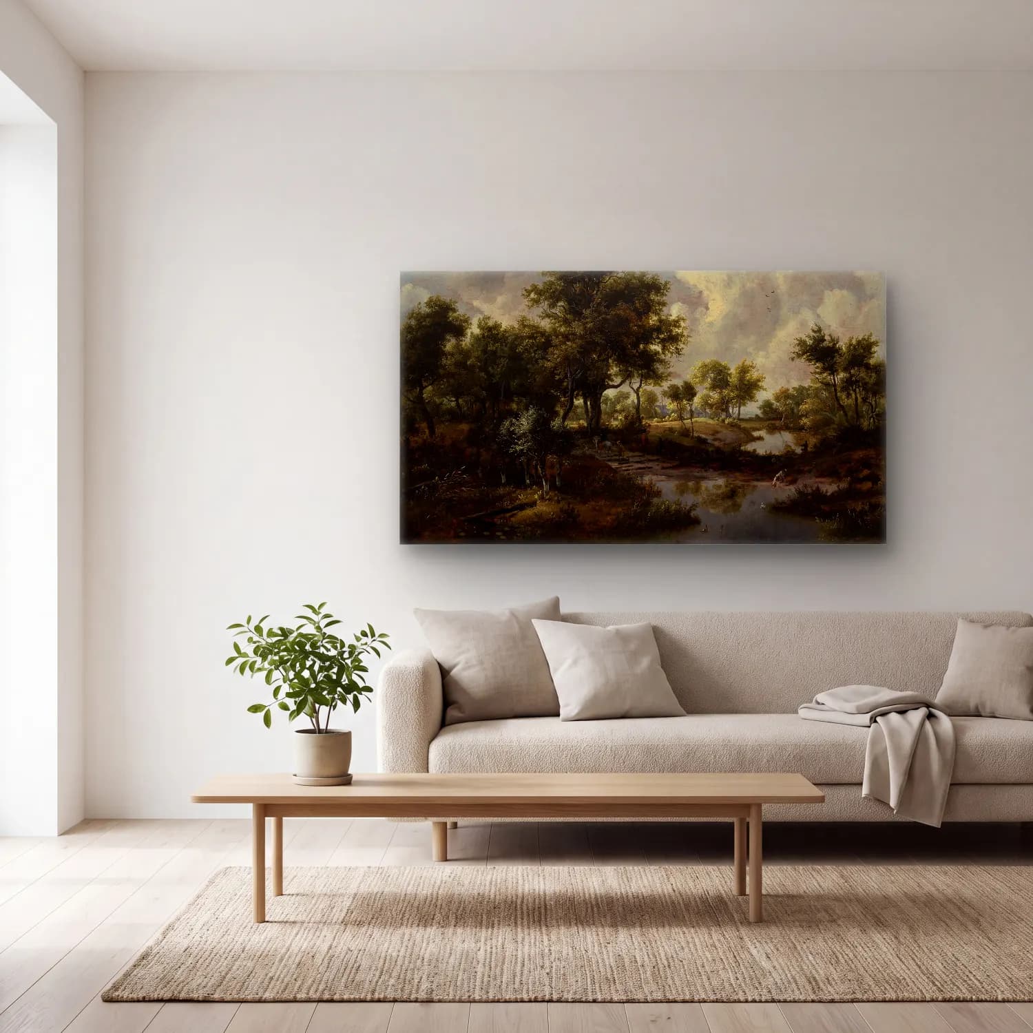 Meindert Hobbema – A Wooded Landscape cam tablo — açık renk salonda