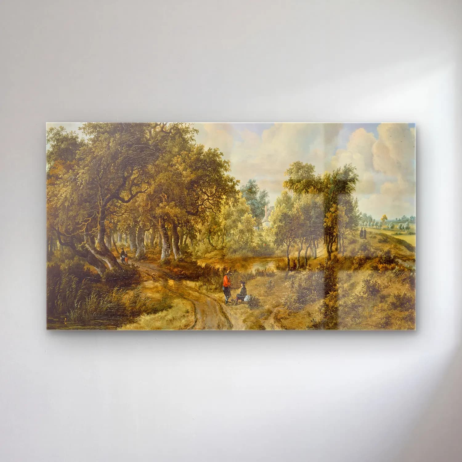 Meindert Hobbema – A Wooded Landscape – Yeşil Tonlar cam tablo — Meindert Hobbema – A Wooded Landscape – Yeşil Tonlar — yağlı boya kırda nehir