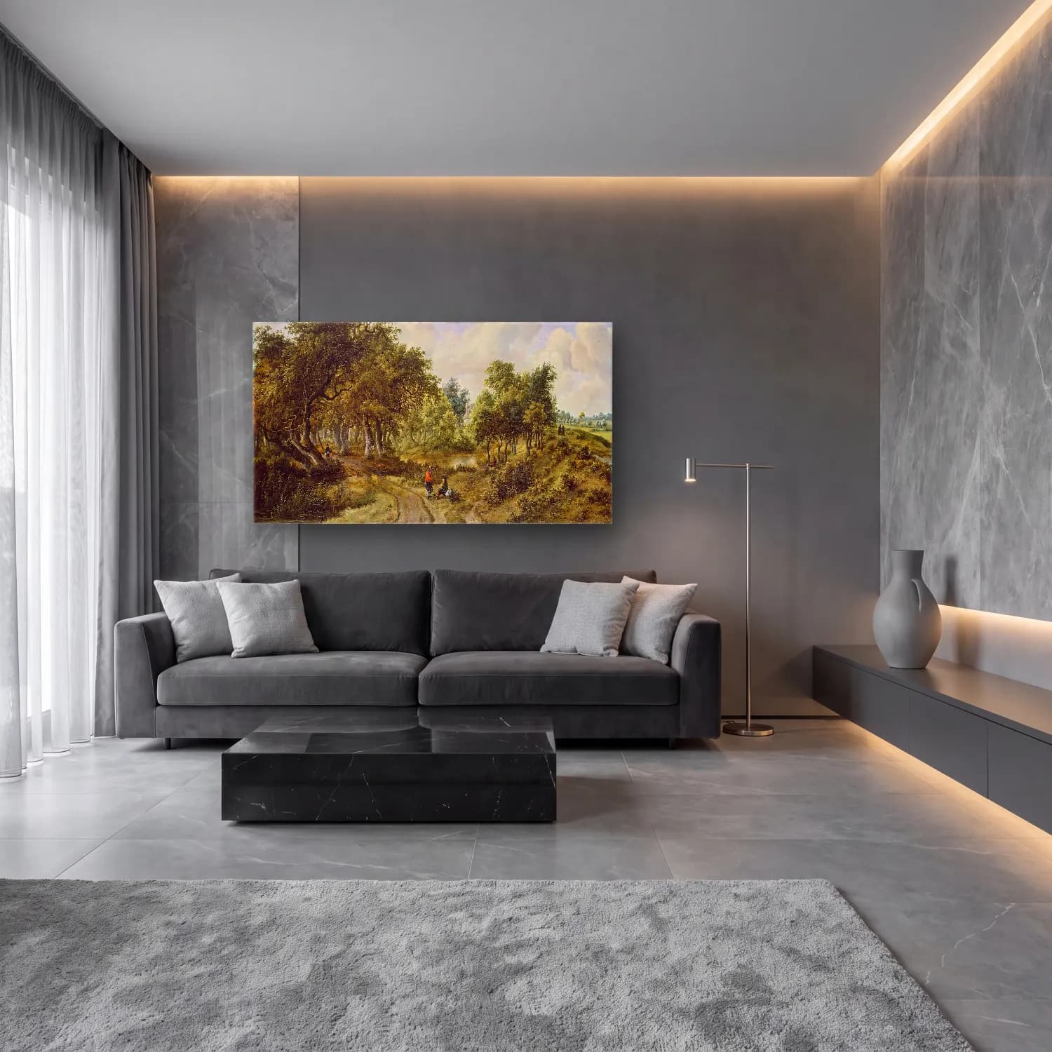 Meindert Hobbema – A Wooded Landscape – Yeşil Tonlar cam tablo — lüks salon duvarında