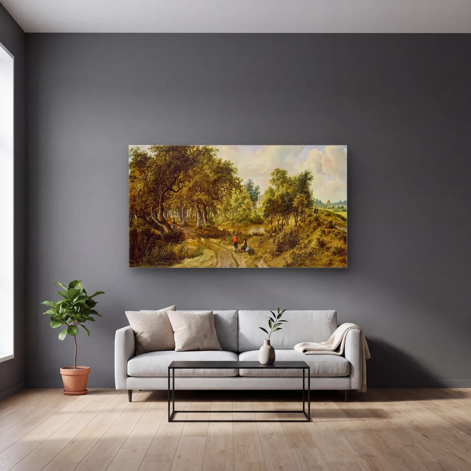 Meindert Hobbema – A Wooded Landscape – Yeşil Tonlar cam tablo — gri duvarlı salonda