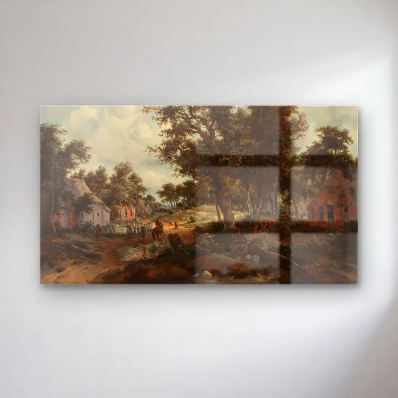 Meindert Hobbema – A Wooded Landscape with Travelers on a Path through a Hamlet cam tablo — Meindert Hobbema – A Wooded Landscape with Travelers on a Path through a Hamlet — yağlı boya savaş sahnesi